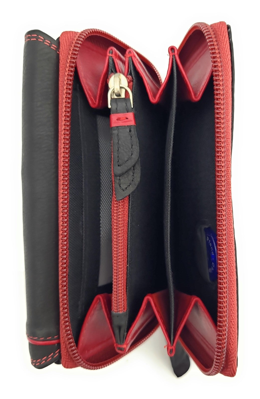 Jockey Club Geldbörse aus echtem Rindleder im Triangel-Design mit Druckknopf-Überschlag, RFID-Schutz, 9 Kartenfächern, Sichtfächern, Münzfach & Doppelnaht schwarz rot