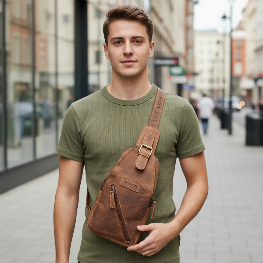 Leatherfox Slingbag aus Hunterleder – Echtleder Umhängetasche | Rechts & Links tragbar | 30x15x8 cm