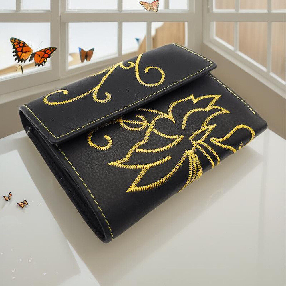 Jockey Club echt Leder Damen Geldbörse mit Stickerei Schmetterling + RFID Schutz schwarz gelb