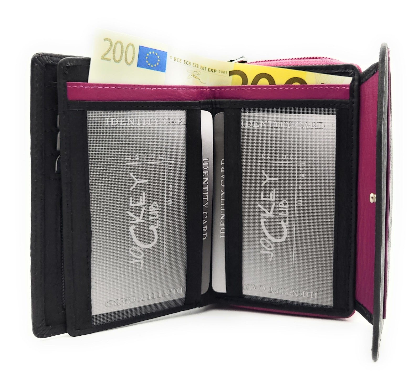 Jockey Club Geldbörse aus echtem Rindleder im Triangel-Design mit Druckknopf-Überschlag, RFID-Schutz, 9 Kartenfächern, Sichtfächern, Münzfach & Doppelnaht schwarz berry