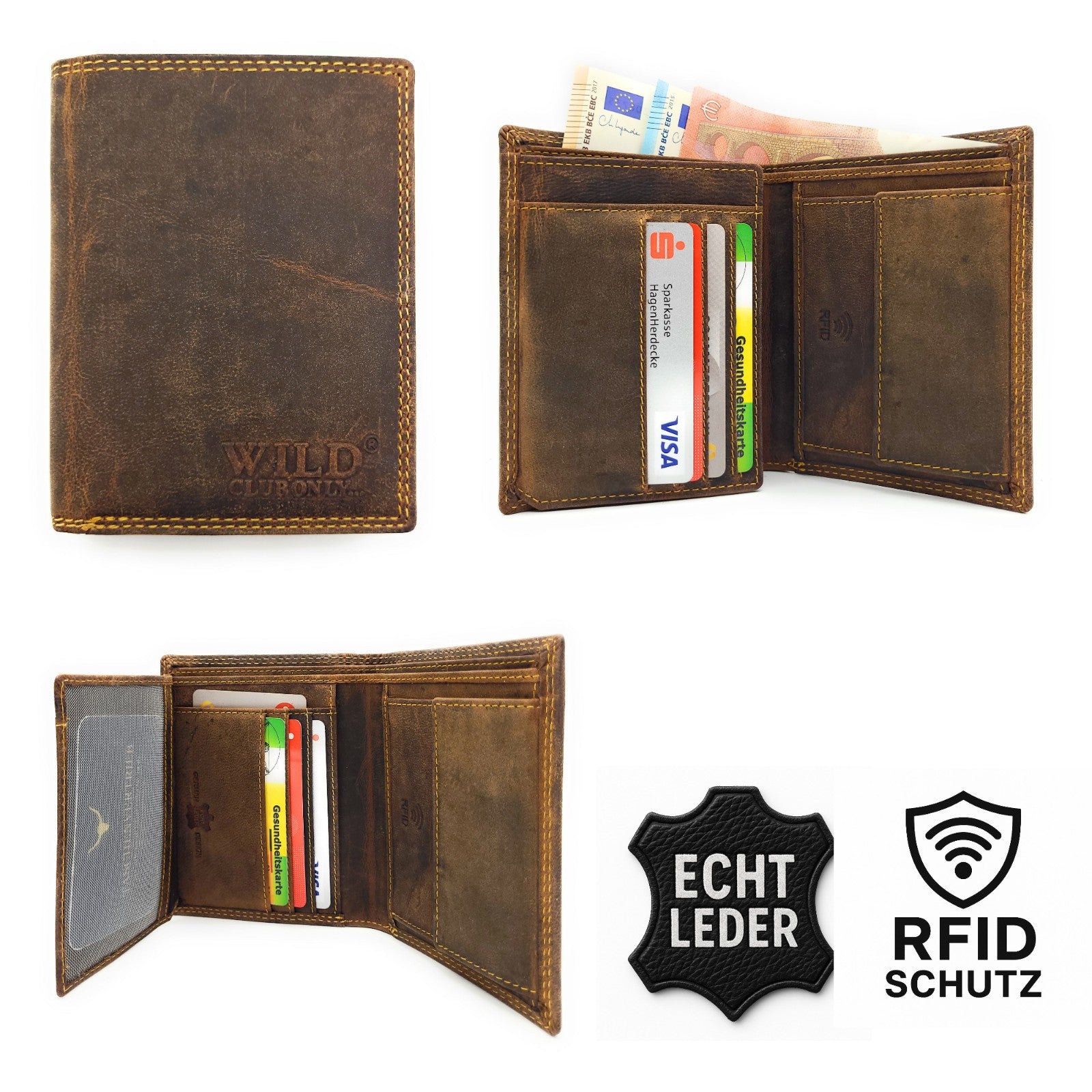 Hunterleder Portemonnaie Hochformat mit RFID-Schutz – 7 Kartenfächer, Münzfach, Doppelnaht, bestes Preis-Leistungs-Verhältnis