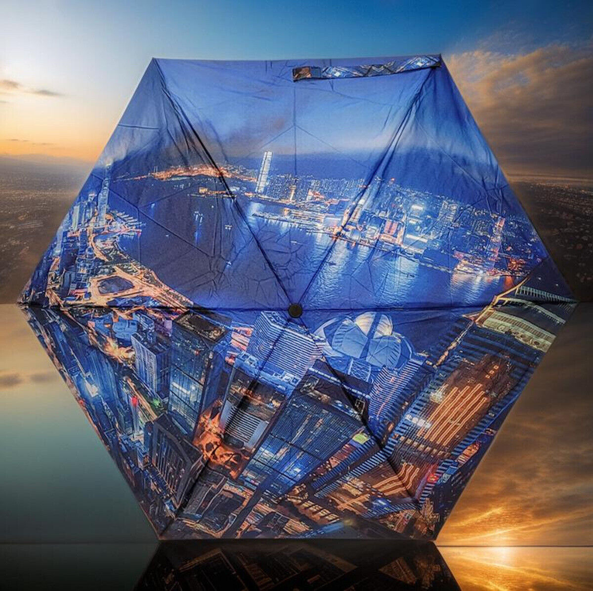kompakter Regenschirm Taschenschirm Schirm Auf-Zu Automatik Hongkong Skyline