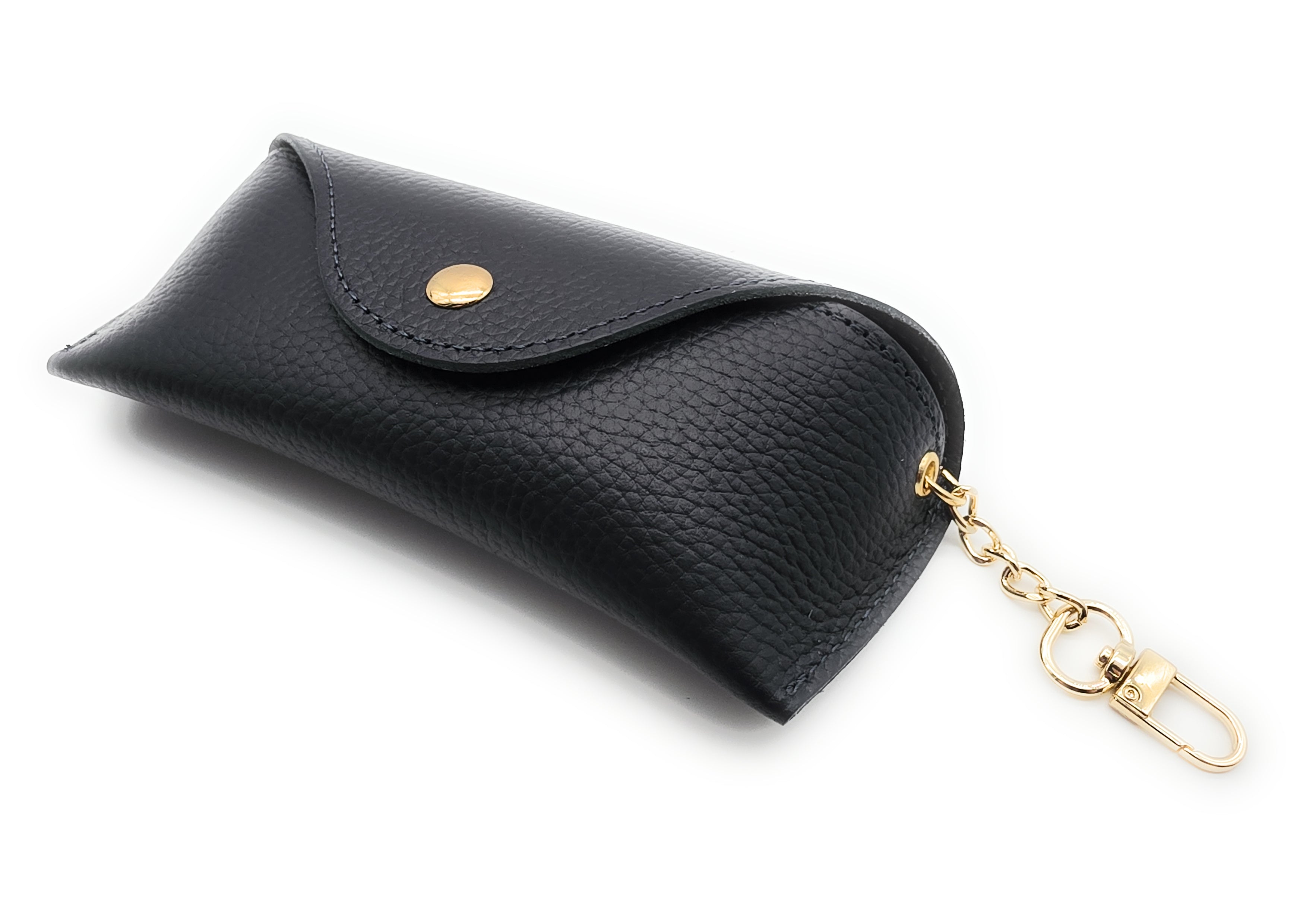 Brillenetui aus echtem Leder mit Magnetverschluss und Karabinerkette – Made in Italy navy