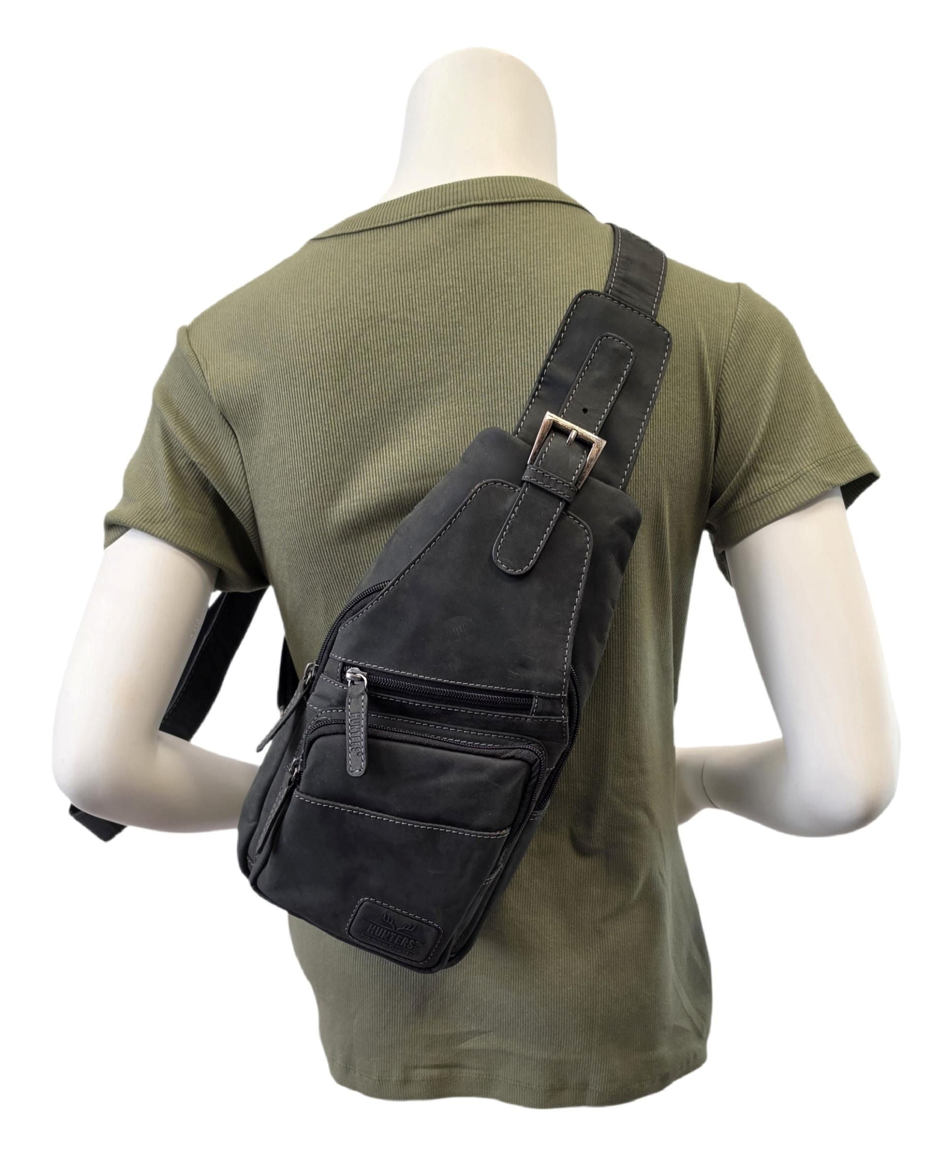 Hunters Crossbag Slingbag aus echtem Hunterleder – Vintage-Umhängetasche mit Platz für 0,33L Wasserflasche & Tablet