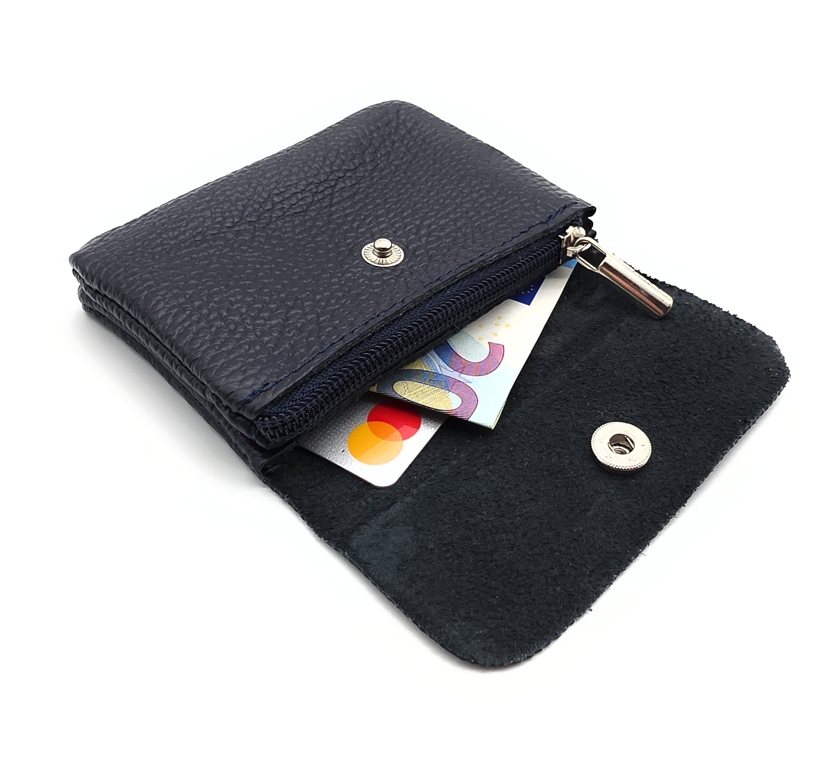 Mini Geldbörse aus echtem Rindleder – kompaktes Leder Portemonnaie Made in Italy dunkelblau