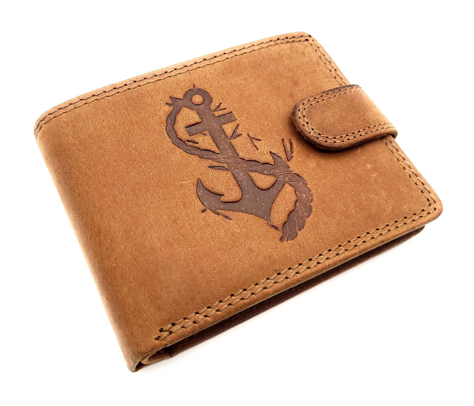 Hunterleder Geldbörse mit Anker-Prägung - Maritimes Portemonnaie für Damen & Herren