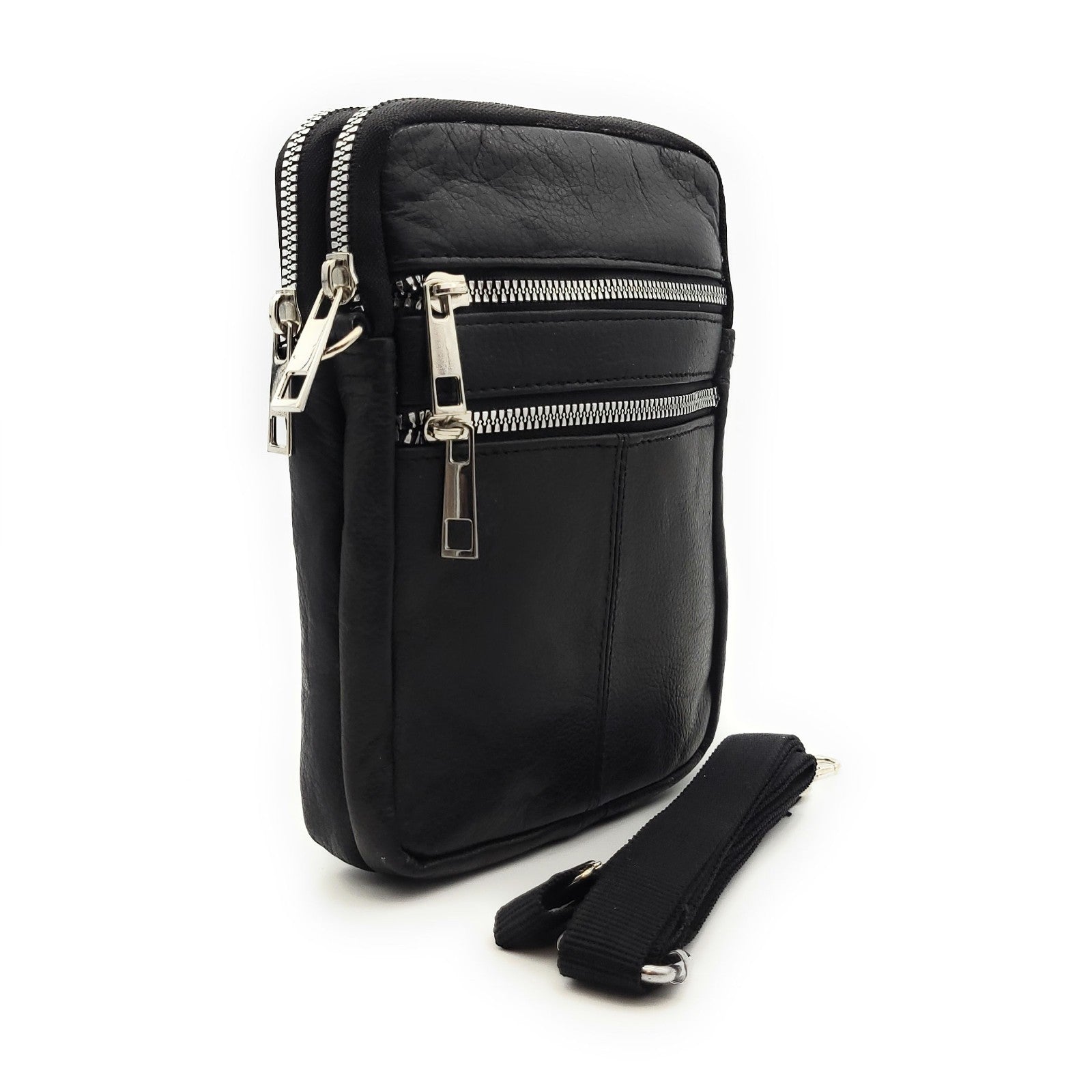 Unisex Umhängetasche aus schwarzem Nappaleder mit silbernen Reißverschlüssen