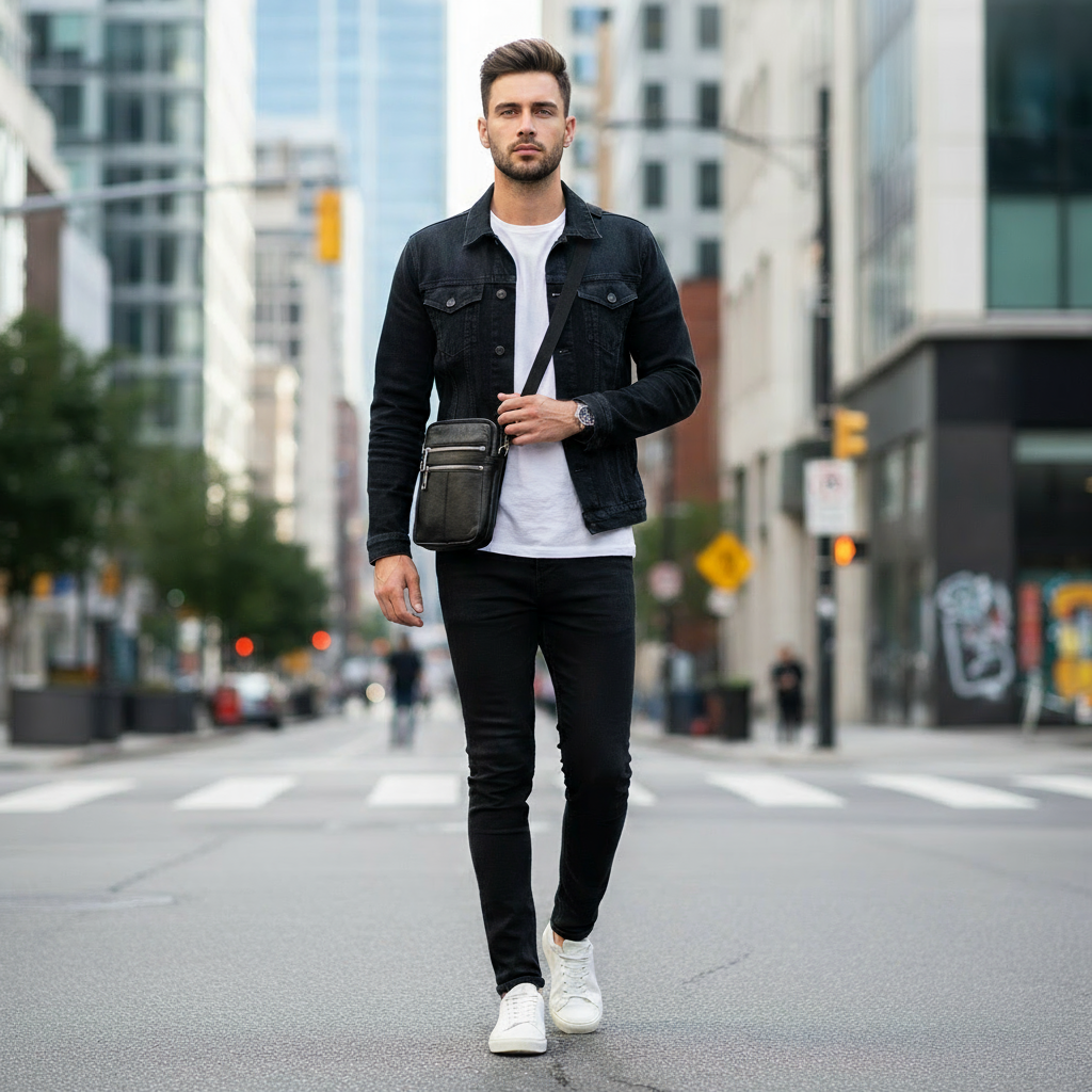 Unisex Umhängetasche aus schwarzem Nappaleder mit silbernen Reißverschlüssen