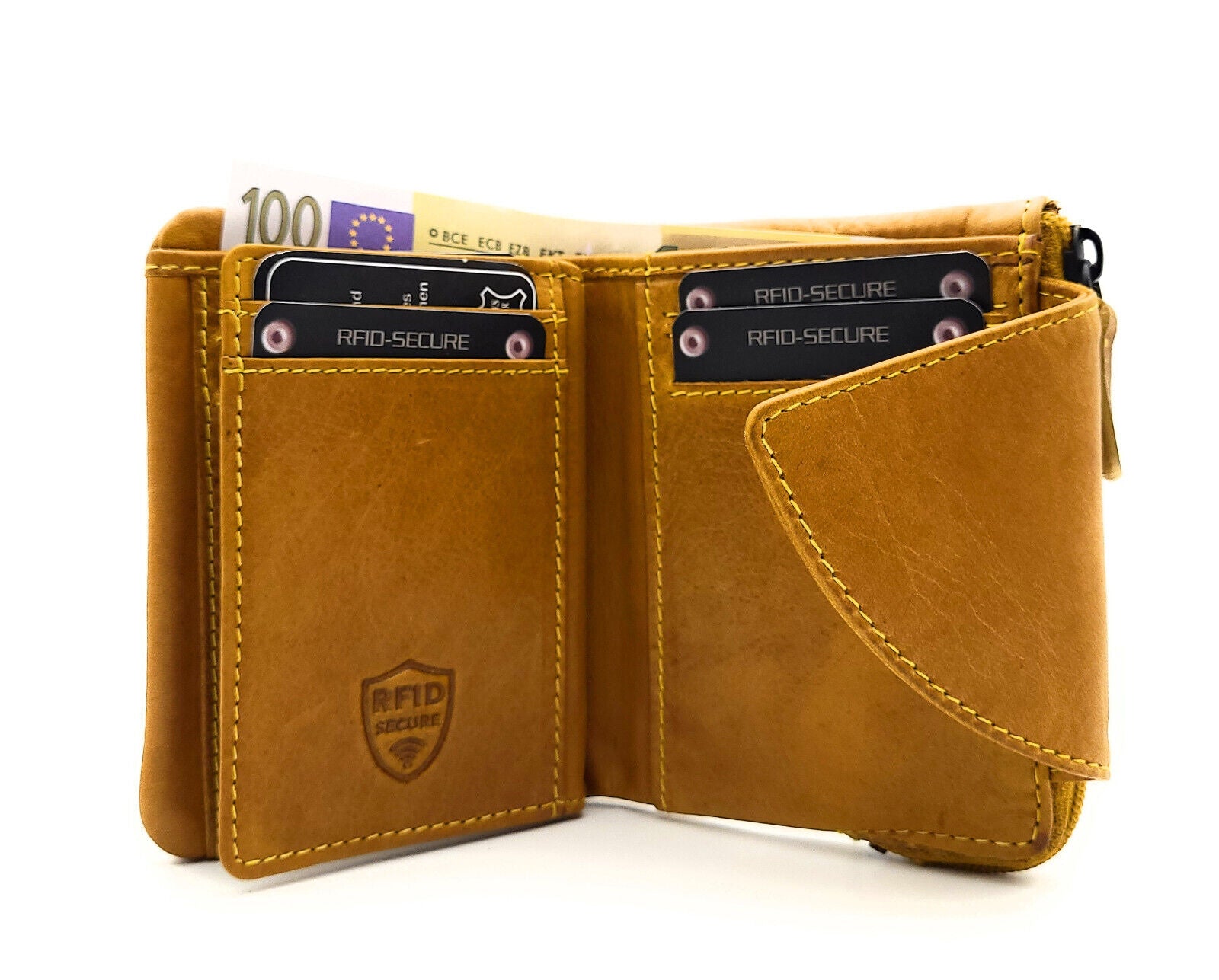 Jockey Club kleine echt Leder Geldbörse Portemonnaie mit RFID Schutz gewachstes Rindleder curry