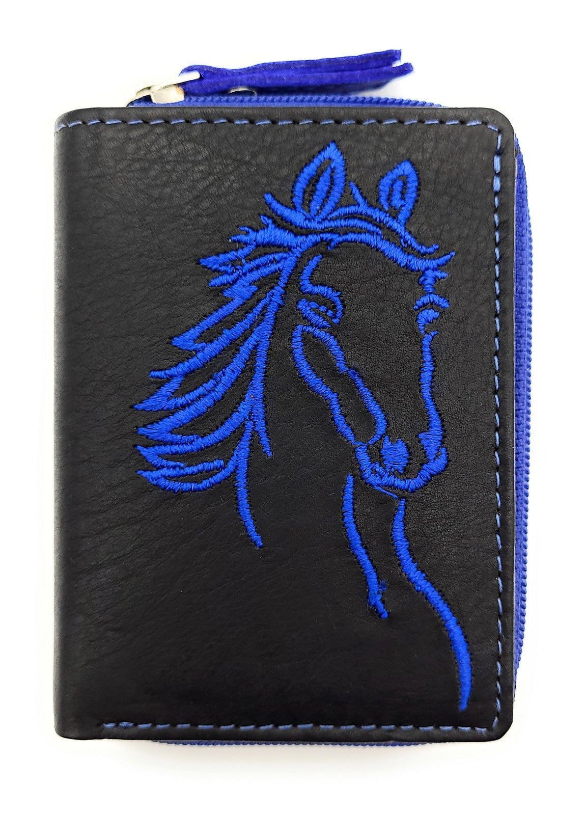 Jockey Club Mini-Geldbörse aus Leder mit RFID-Schutz & Pferde-Stickerei – kompakt & stilvoll schwarz royalblau