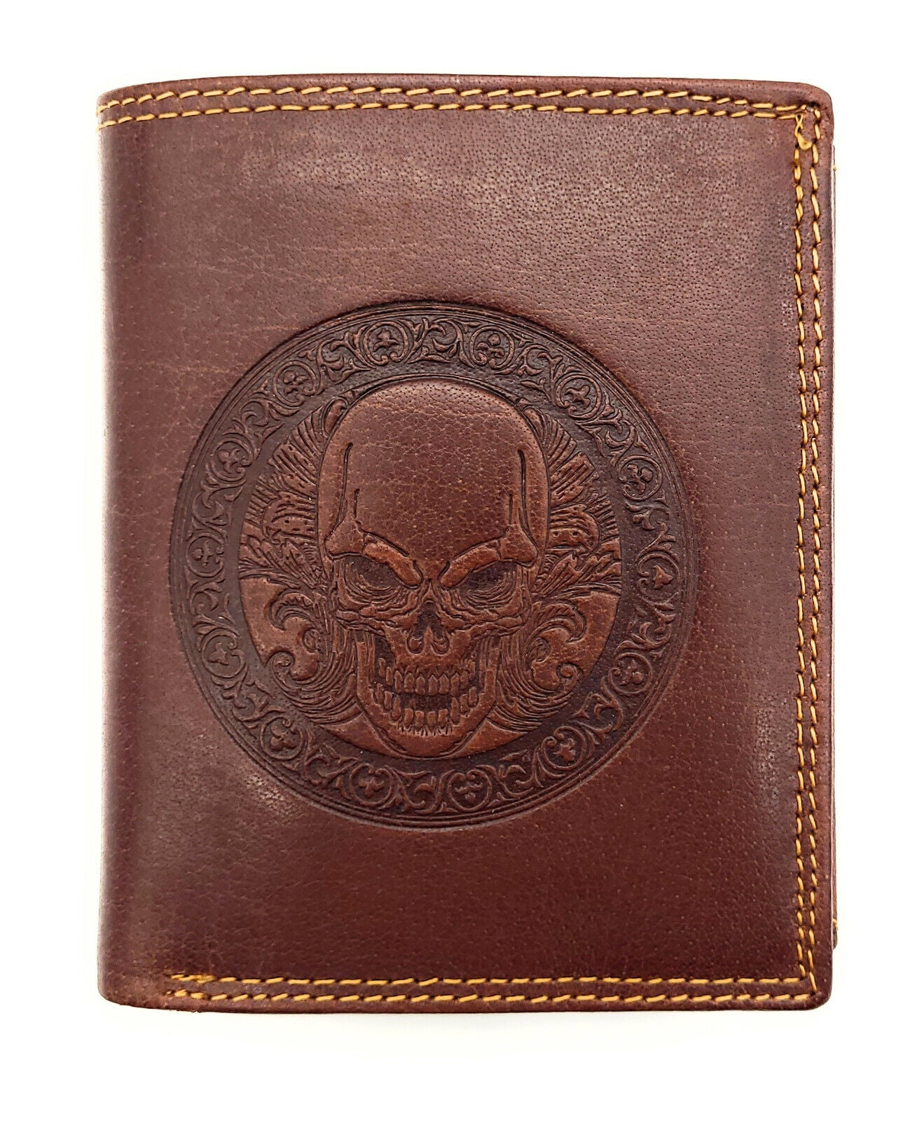 echt Leder Geldbörse Portemonnaie Geldbeutel mit RFID Schutz Skull Schädel Totenkopf braun
