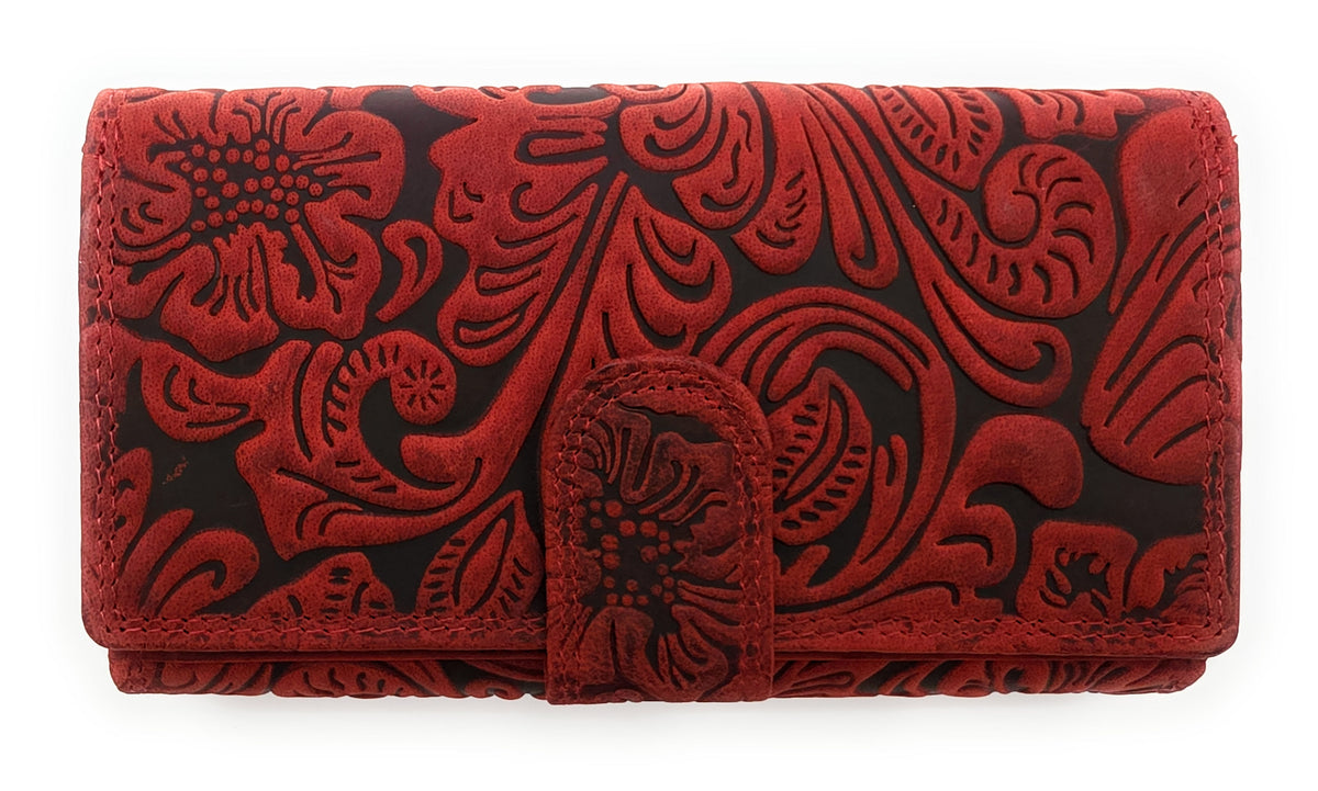 Damen Geldbörse Groß Echt Leder RFID Schutz - Büffelleder Portemonnaie mit 18 Kartenfächern - Große Brieftasche mit Blumenprägung rot