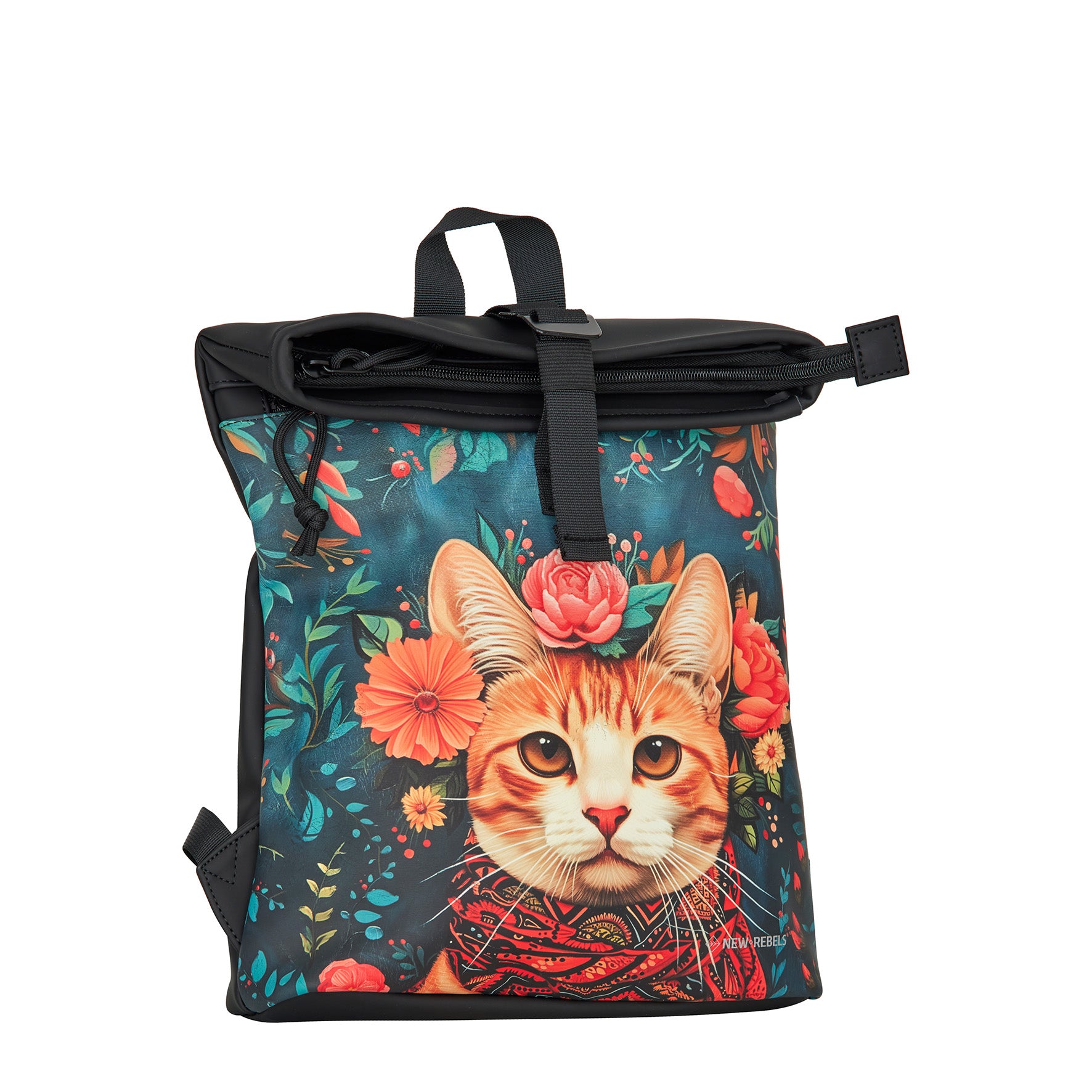 New Rebels Cityrucksack mit Katzenmotiv – Wasserabweisender Rolltop Rucksack für Damen & Herren – Stylischer Daypack mit Blumen-Design