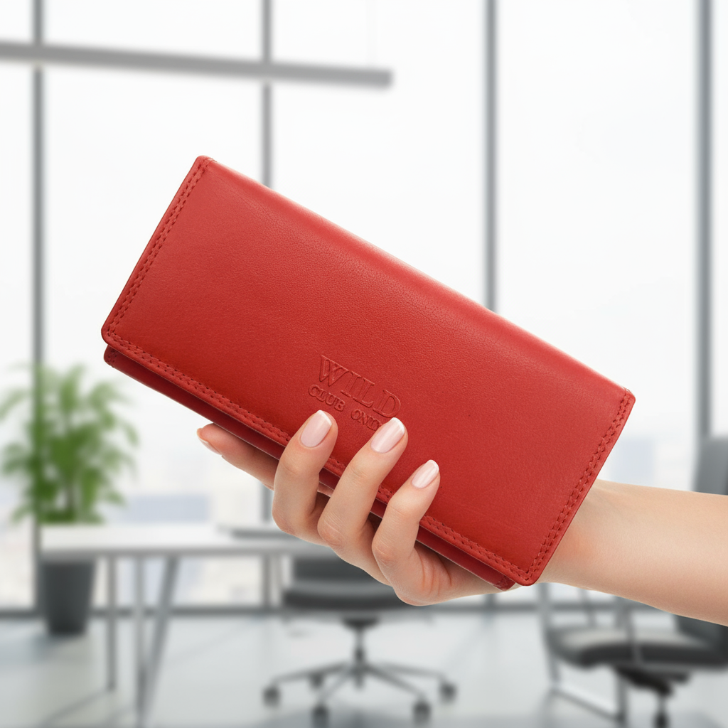 Große Damen Geldbörse aus Echtleder mit RFID-Schutz, 18 Kartenfächer, Langformat mit Münzfach & Doppelnaht rot
