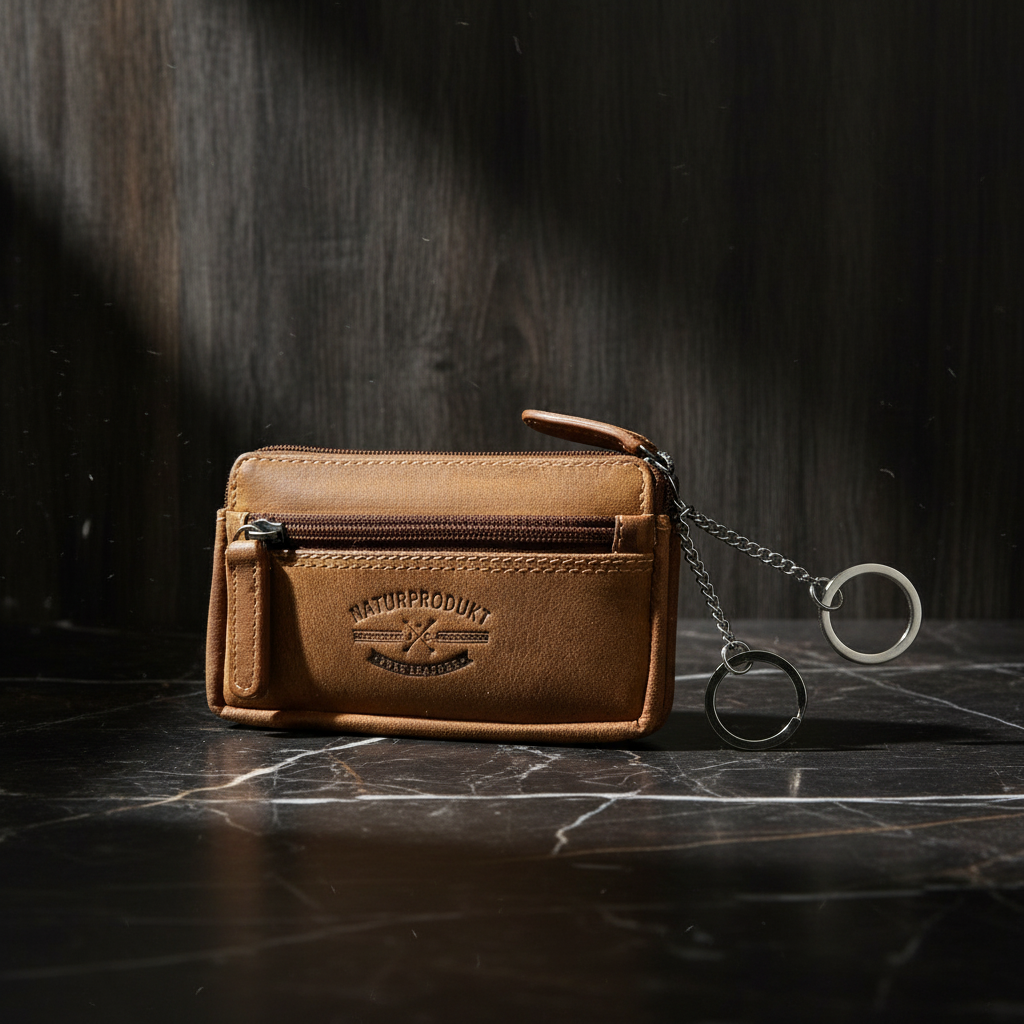 Jockey Club Schlüsseletui aus purem Büffel-Hunter-Leder – ungefüttertes, langlebiges Lederetui mit Reißverschlussfächern und zwei Schlüsselringen cognacbraun