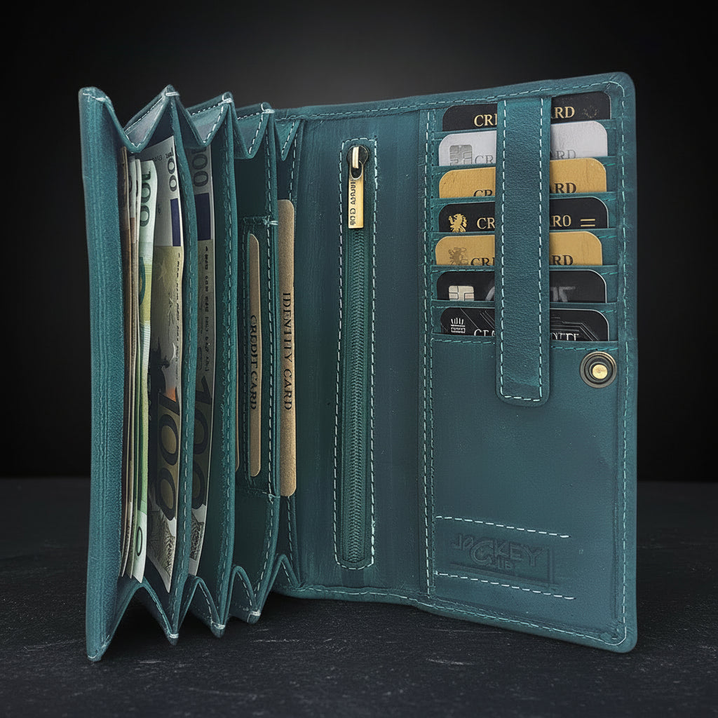 Jockey Club echt Leder Damen Geldbörse lang Hunterleder Jockey Club Toro vintage petrol mit RFID Schutz