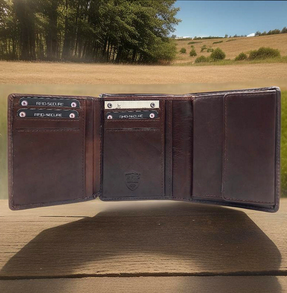 Jockey Club kompakte echt Leder Geldbörse Portemonnaie mit RFID Schutz gewachstes Rindleder braun