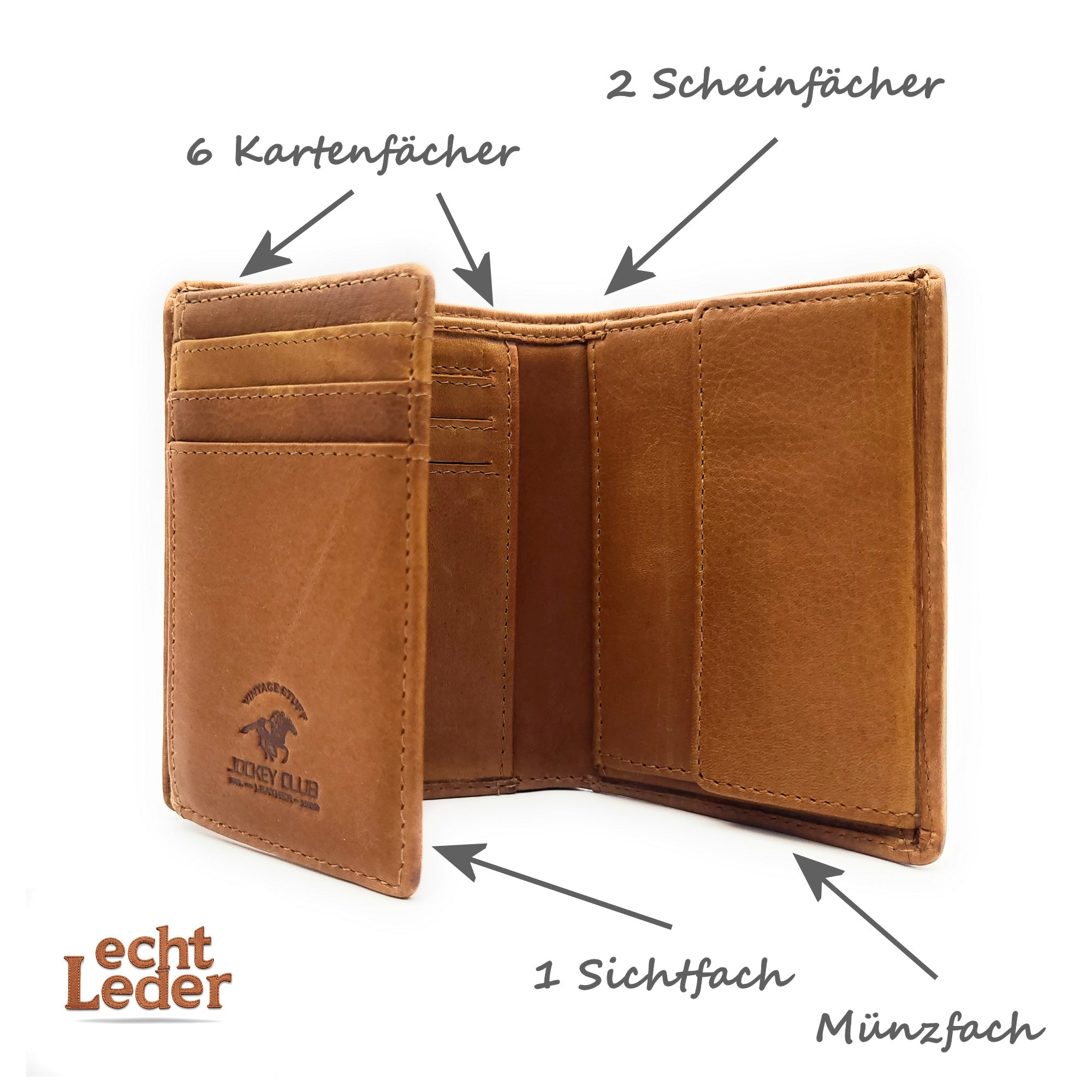 Jockey Club echt Leder Mini Geldbörse Portemonnaie gewachst, RFID Schutz cognac