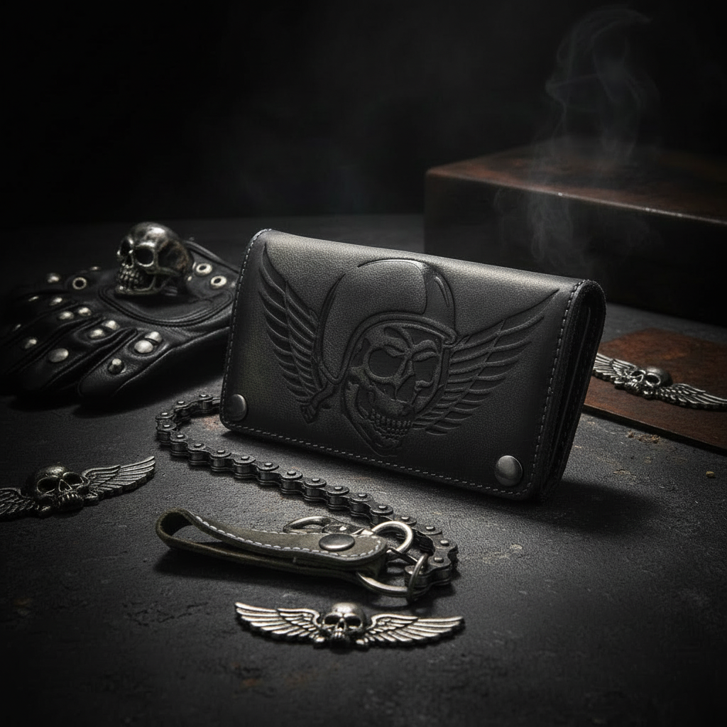 Jockey Club Biker Leder Geldbörse massive Fahrrad-Kette Portemonnaie Totenkopf mit RFID Schutz grau