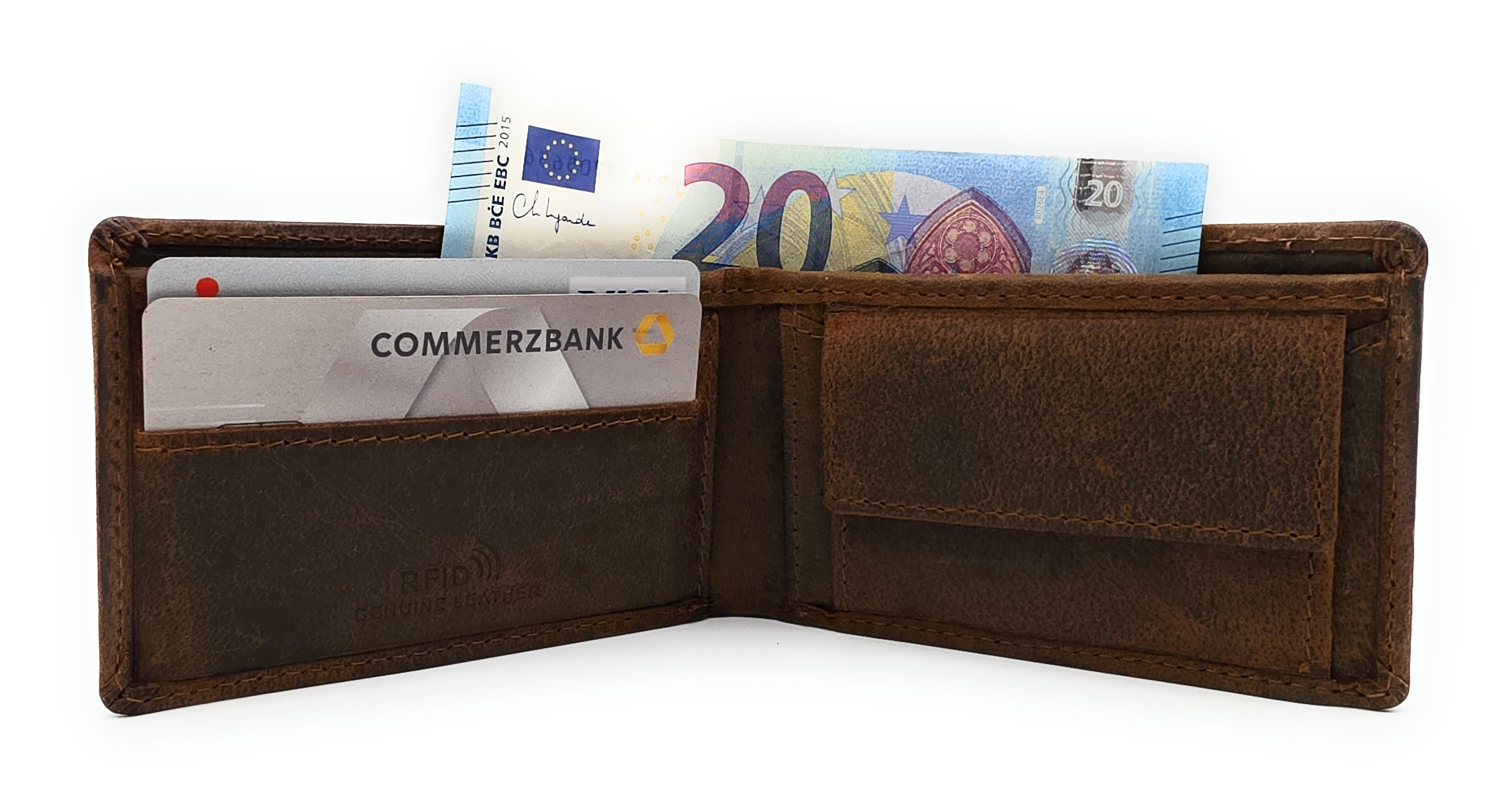 Lemasi Mini Geldbörse aus Hunterleder (Büffelleder) Braun mit RFID-Schutz
