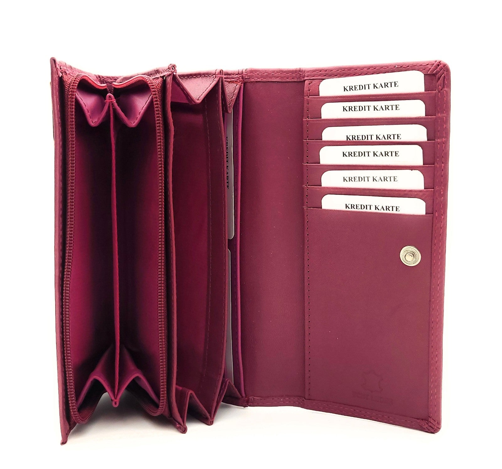 Große Damen Geldbörse aus Echtleder mit RFID-Schutz, 18 Kartenfächer, Langformat mit Münzfach & Doppelnaht berry