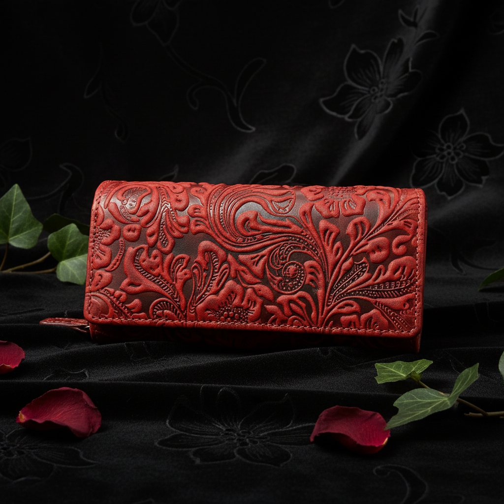 Jockey Club Damengeldbörse, Portemonnaie aus Echtleder mit RFID-Schutz & Blüten-Prägung rot