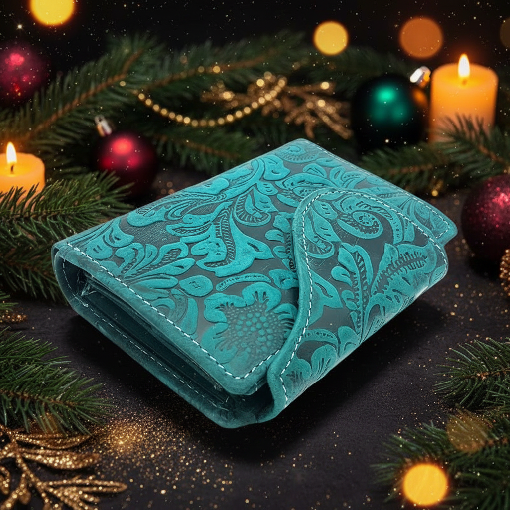 Jockey Club echt Leder Damen Geldbörse Portemonnaie florale Prägung mit RFID Schutz Liane petrol grün