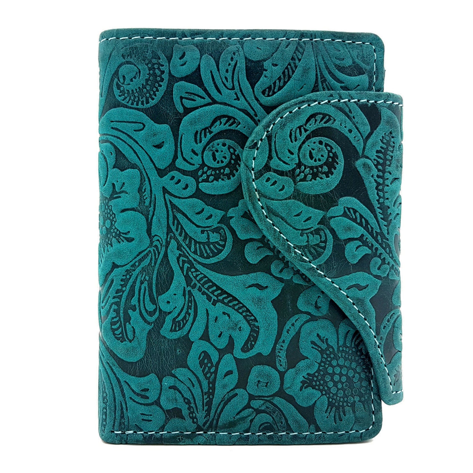 Jockey Club echt Leder Damen Geldbörse Portemonnaie florale Prägung mit RFID Schutz Liane petrol grün