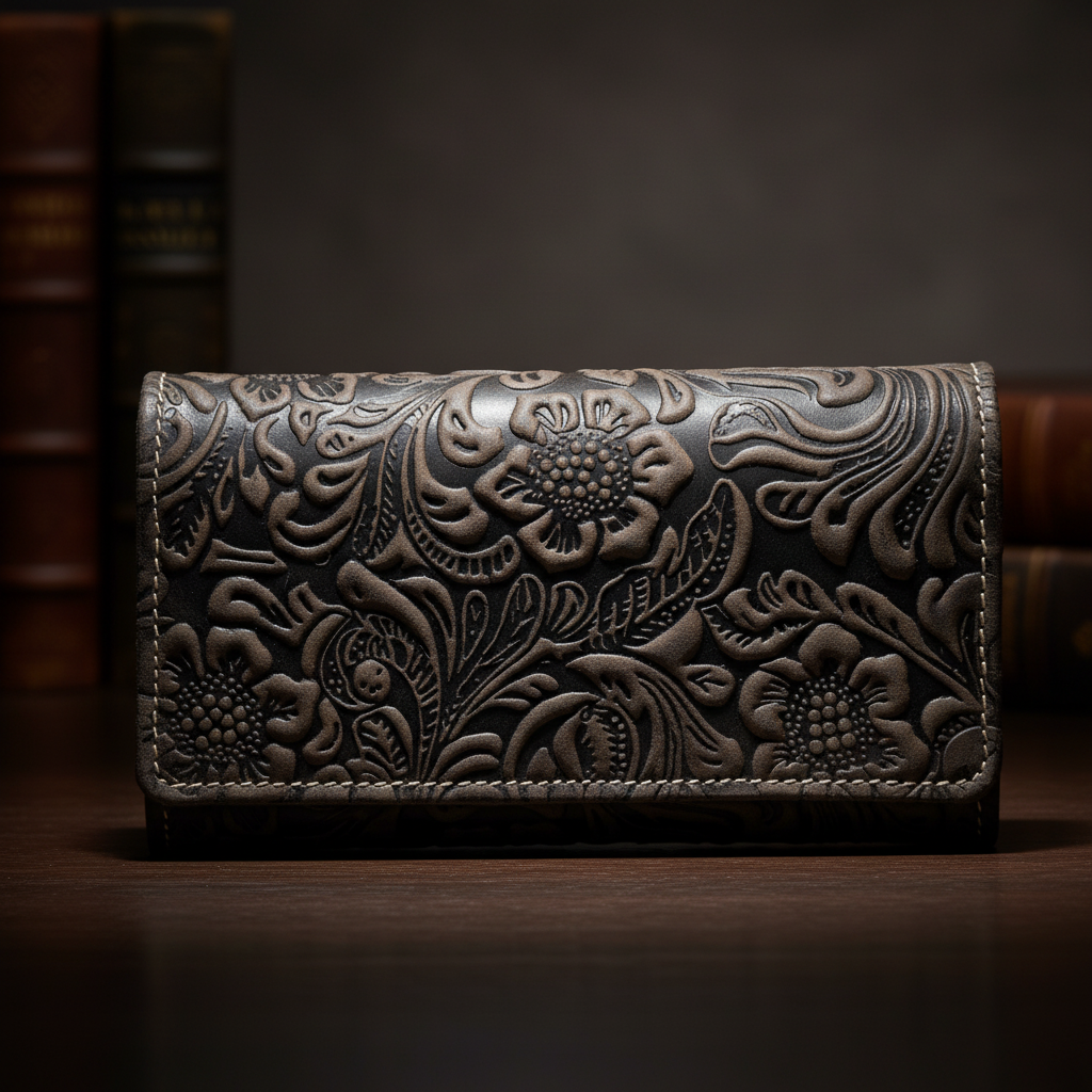 Jockey Club Damen Geldbörse lang Portemonnaie geprägtes Vollrindleder Ranken und Blüten mit RFID Schutz braun