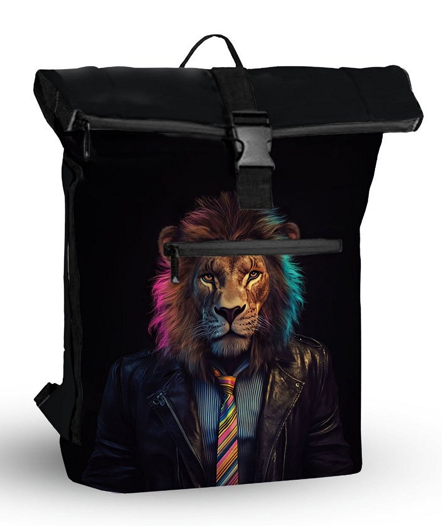 New Rebels Rucksack New York – Stylischer Rolltop mit Kunstmotiv Lion - Löwe, wasserabweisend & praktisch