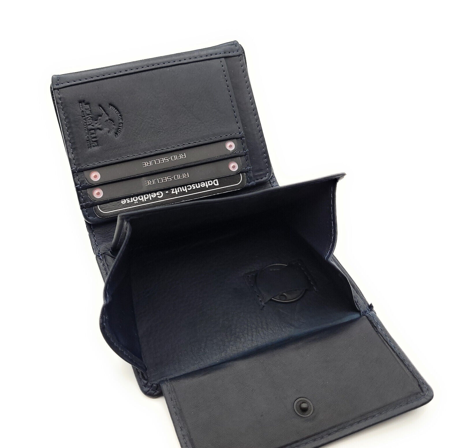 Jockey Club kompakte echt Leder Geldbörse Portemonnaie mit RFID Schutz gewachstes Rindleder navy blau