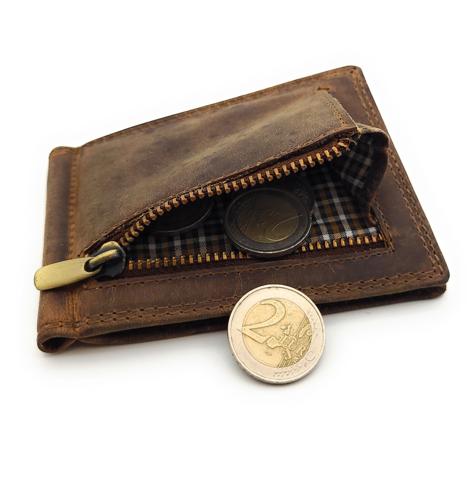 Ven Tomy Dollarclip aus Hunterleder – elegante Geldbörse & Geldklammer mit 6 Kartenfächern und Reißverschlussfach für Münzen – Slim Wallet Herren