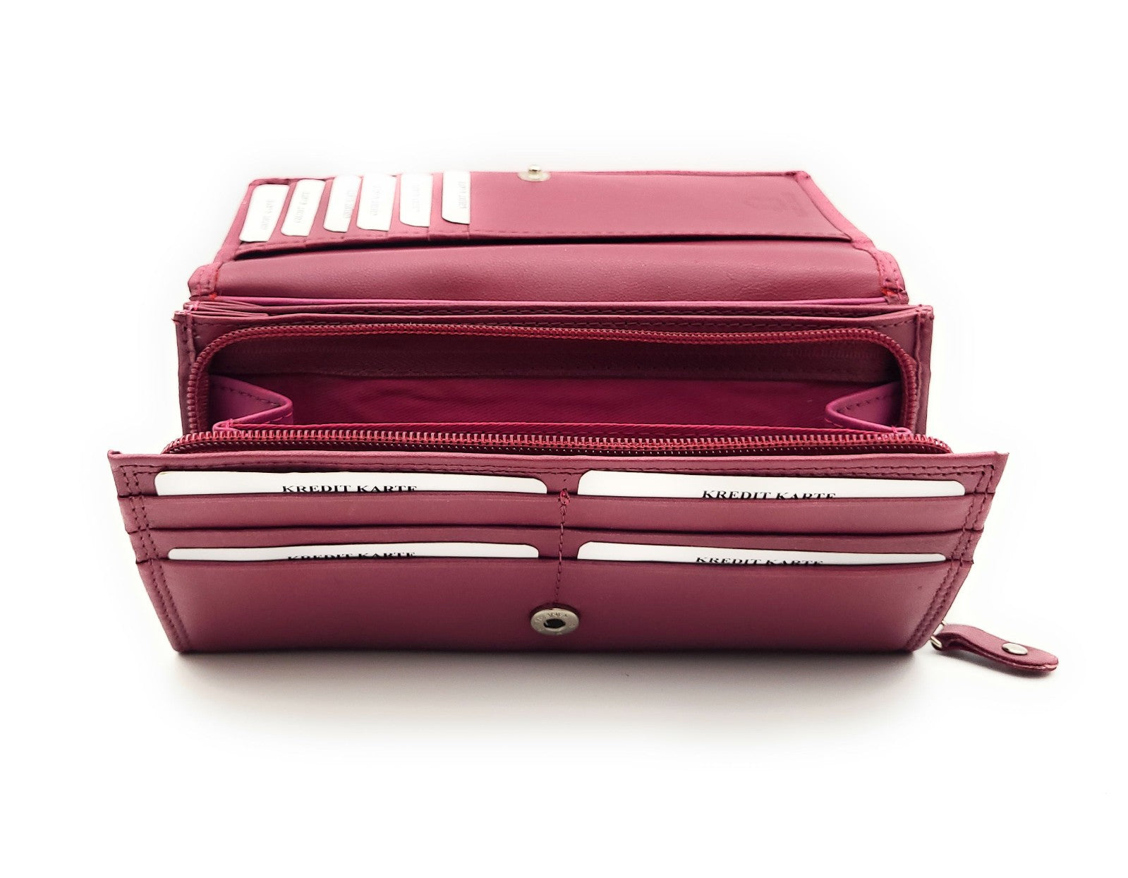 Große Damen Geldbörse aus Echtleder mit RFID-Schutz, 18 Kartenfächer, Langformat mit Münzfach & Doppelnaht berry