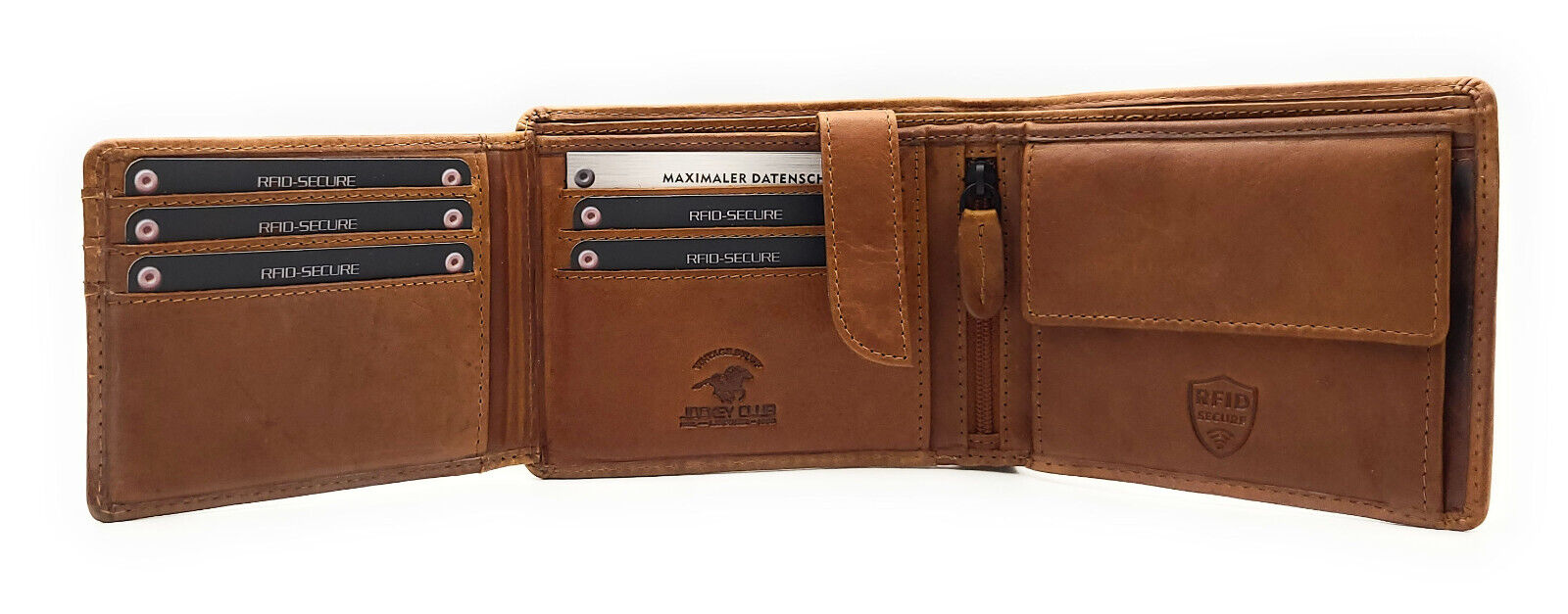 Jockey Club klassische echt Leder Geldbörse Portemonnaie mit RFID Schutz gewachstes Rindleder cognac