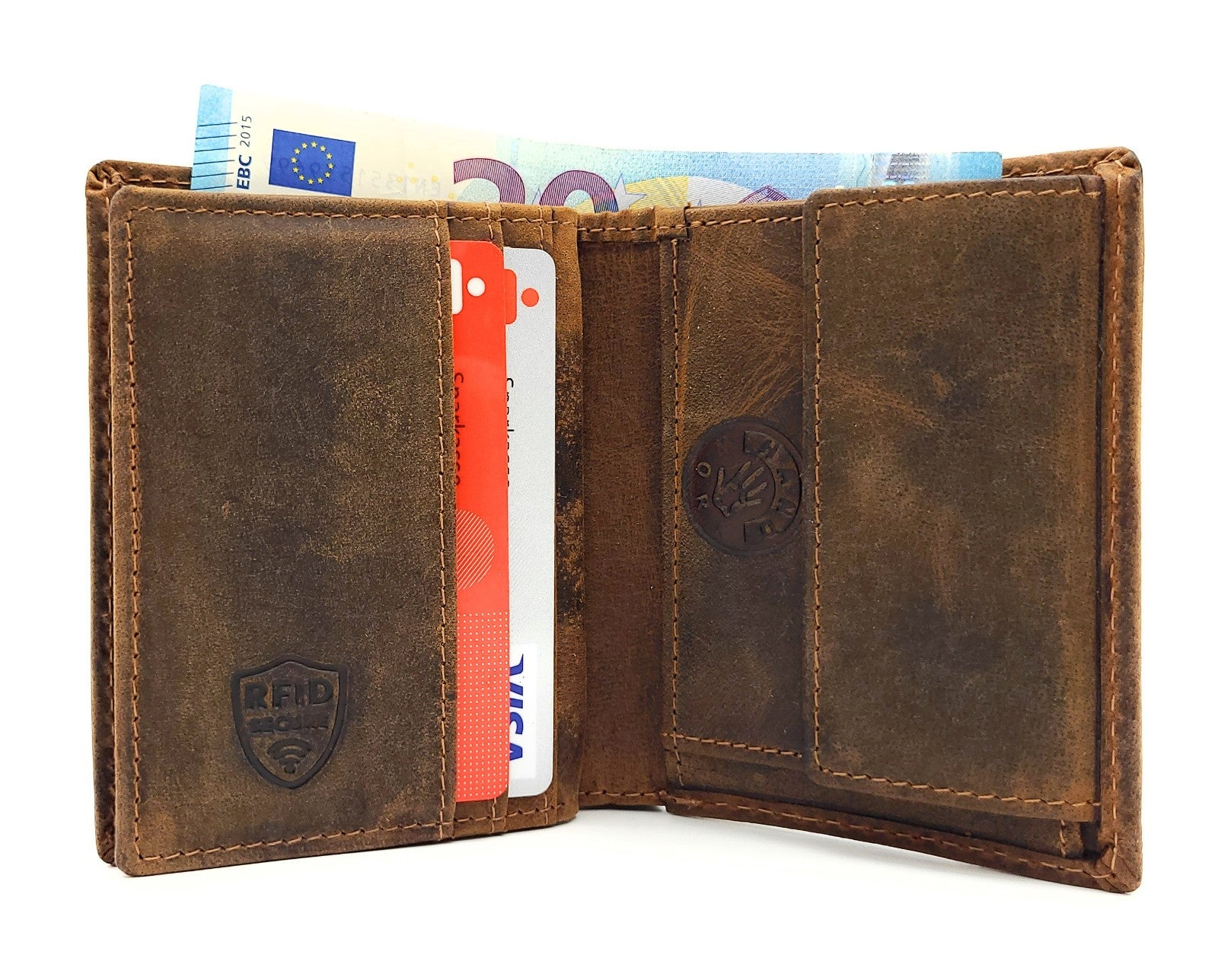 Jockey Club Mini-Geldbörse aus Büffelleder mit LKW-Prägung, RFID-Schutz & Öse für Kette – kompakt & robust braun