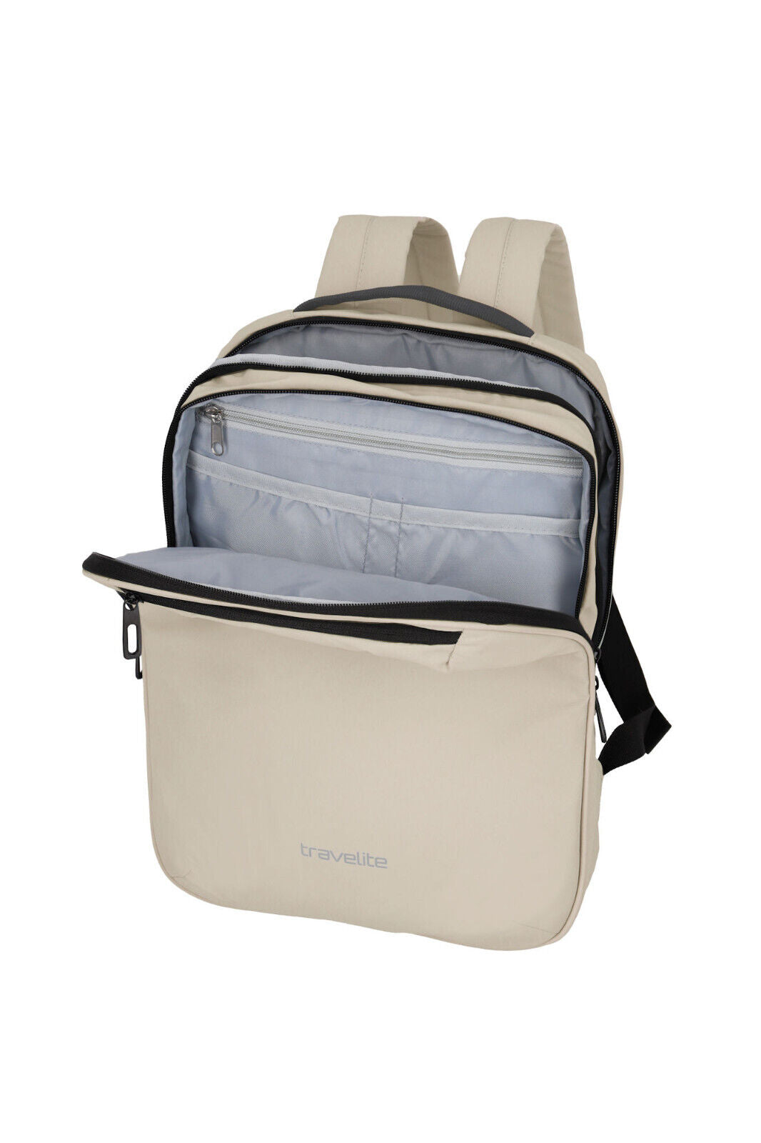 Travelite Basics Plane Cityrucksack – Wasserabweisender Daypack mit 14-Zoll-Laptopfach, spritzwassergeschützten Reißverschlüssen & Sicherheitsfach elfenbein