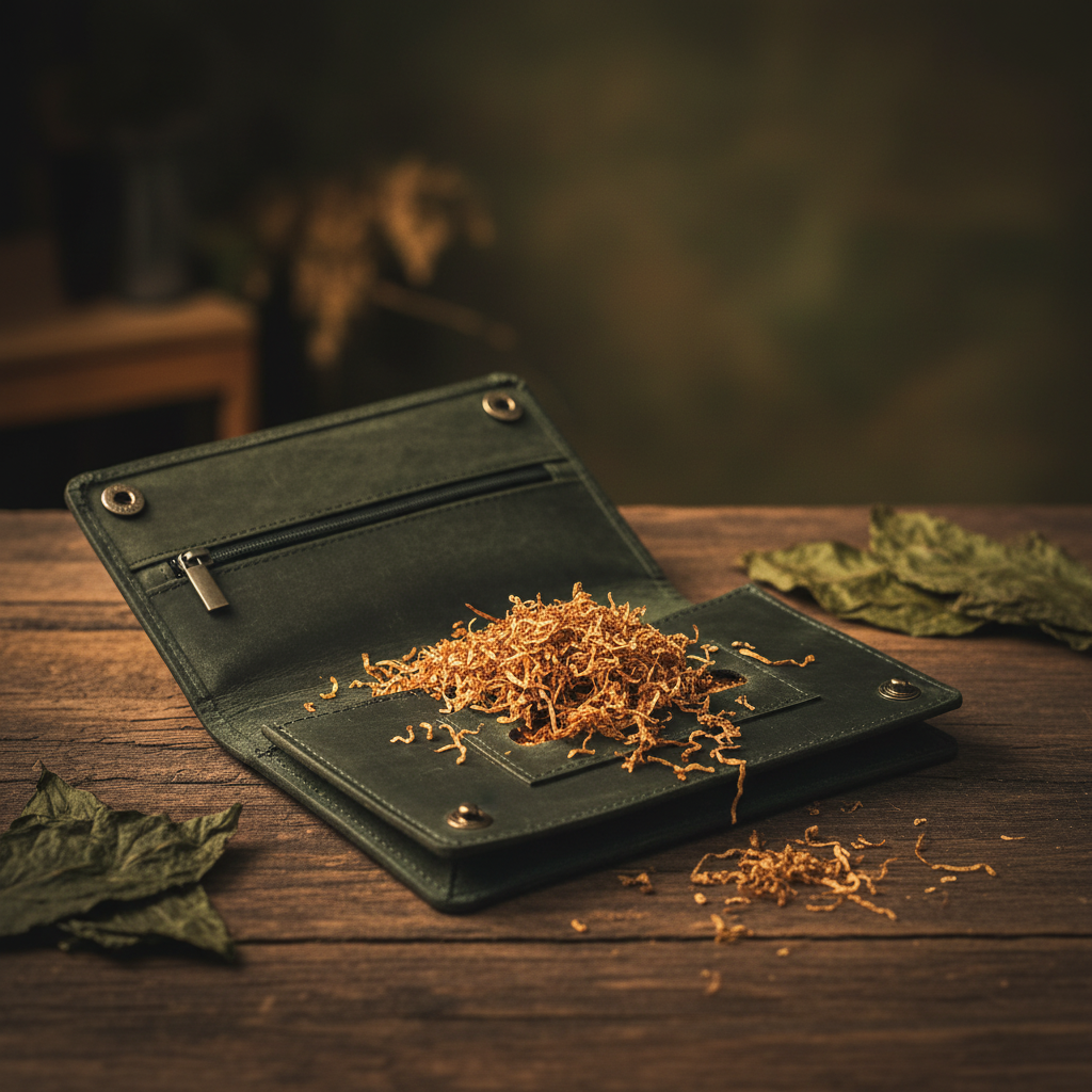 echt Leder Tabakbeutel Tabaktasche Tabak Etui Beutel mit Blättchen Fach grün