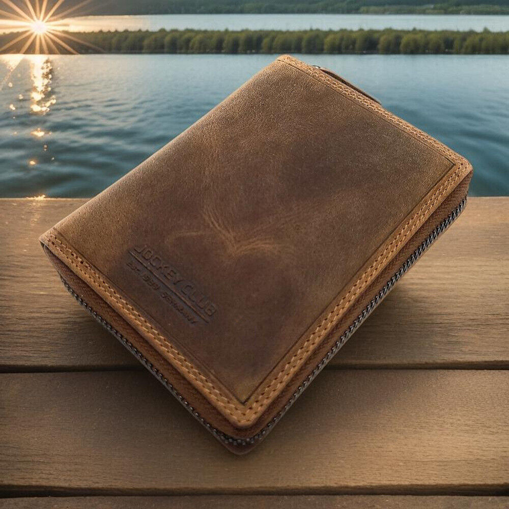 Jockey Club echt Leder Reißverschluss-Geldbörse Portemonnaie mit RFID Schutz braun