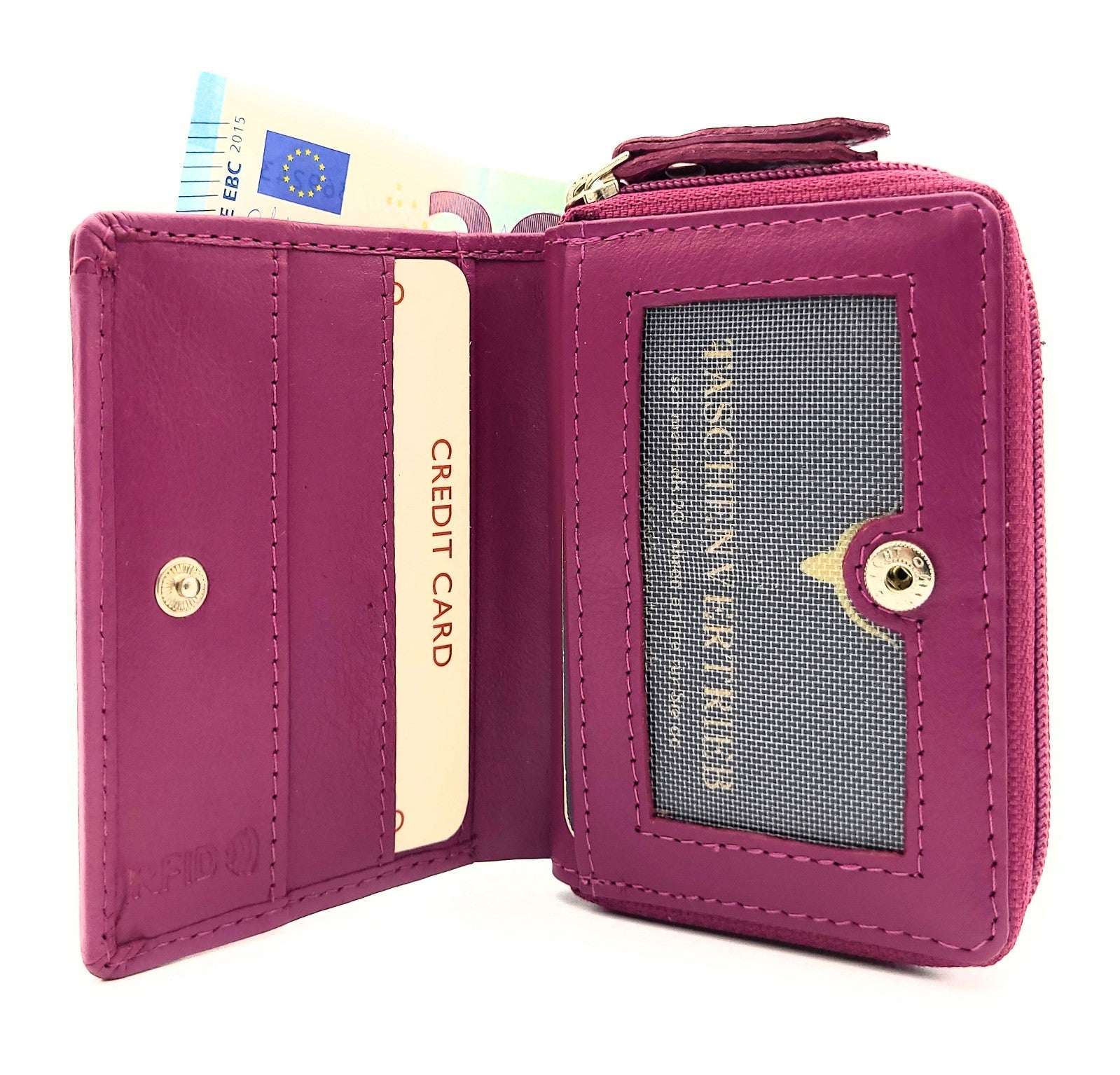 Jockey Club Mini-Geldbörse aus Leder mit RFID-Schutz & Pferde-Stickerei – kompakt & stilvoll beere