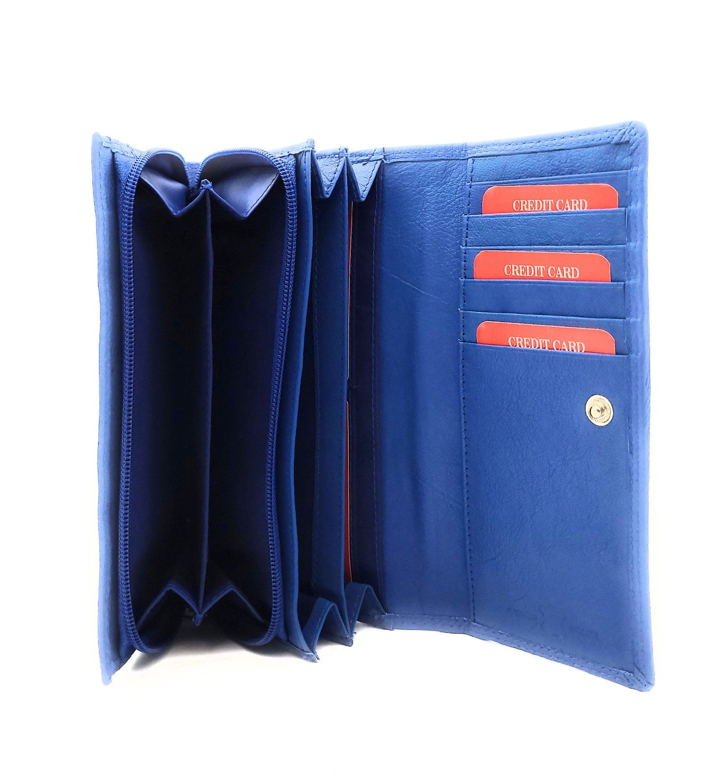 Große Damen Geldbörse aus Echtleder mit RFID-Schutz, 18 Kartenfächer, Langformat mit Münzfach & Doppelnaht blau