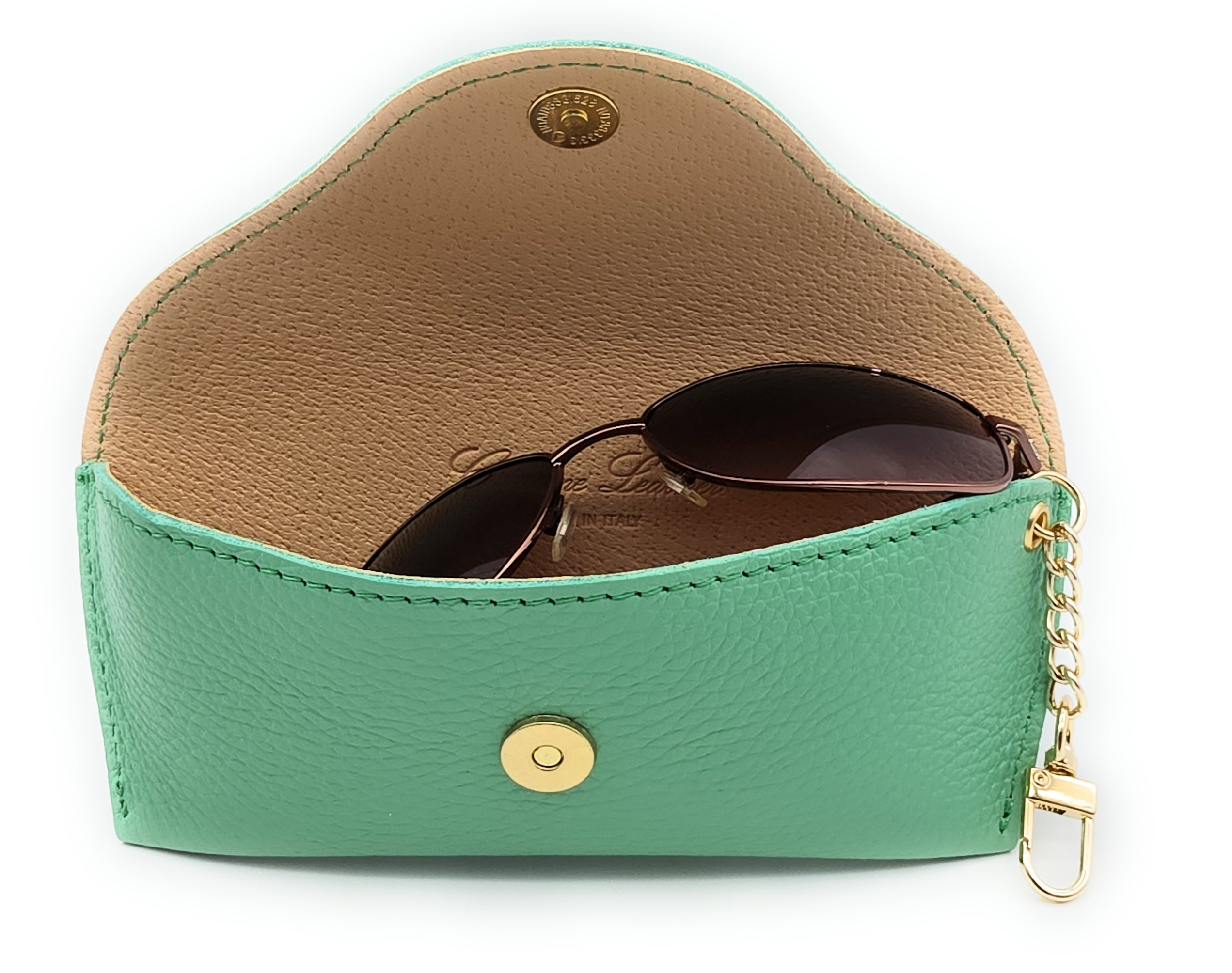 Brillenetui aus echtem Leder mit Magnetverschluss und Karabinerkette – Made in Italy mint