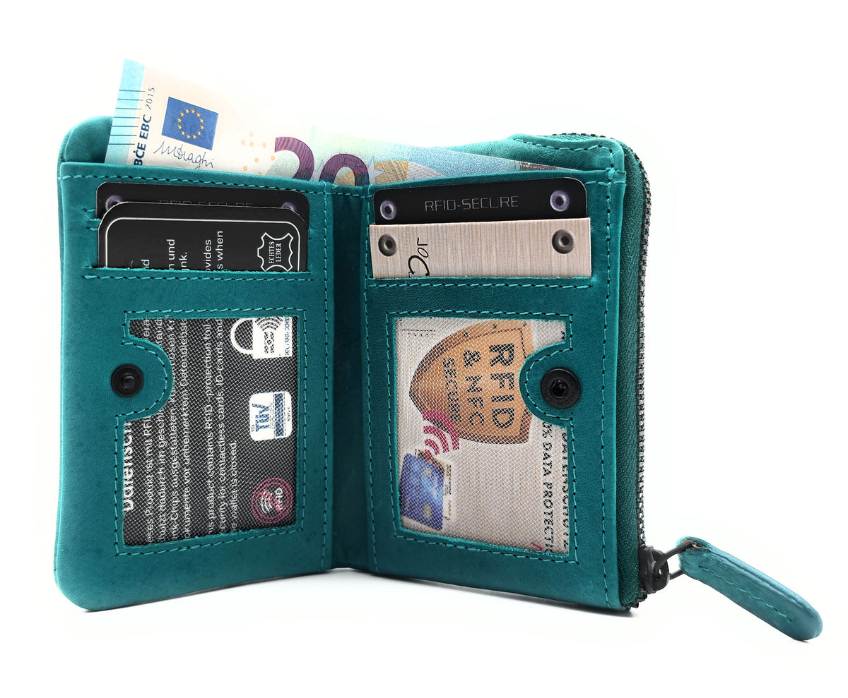 Mini-Geldbörse gewachstes Rindleder Kolibri-Prägung RFID-Schutz petrol
