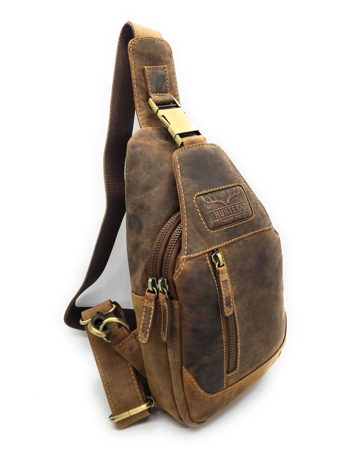 Hunters Crossbag Premium Leder Slingbag Damen & Herren - Umhängetasche mit Metall-Verschlüssen