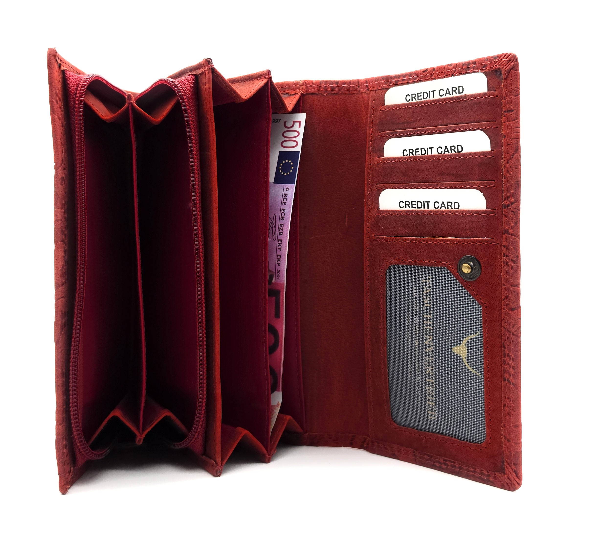 Damen Geldbörse Groß Echt Leder RFID Schutz - Büffelleder Portemonnaie mit 18 Kartenfächern - Große Brieftasche mit Blumenprägung rot