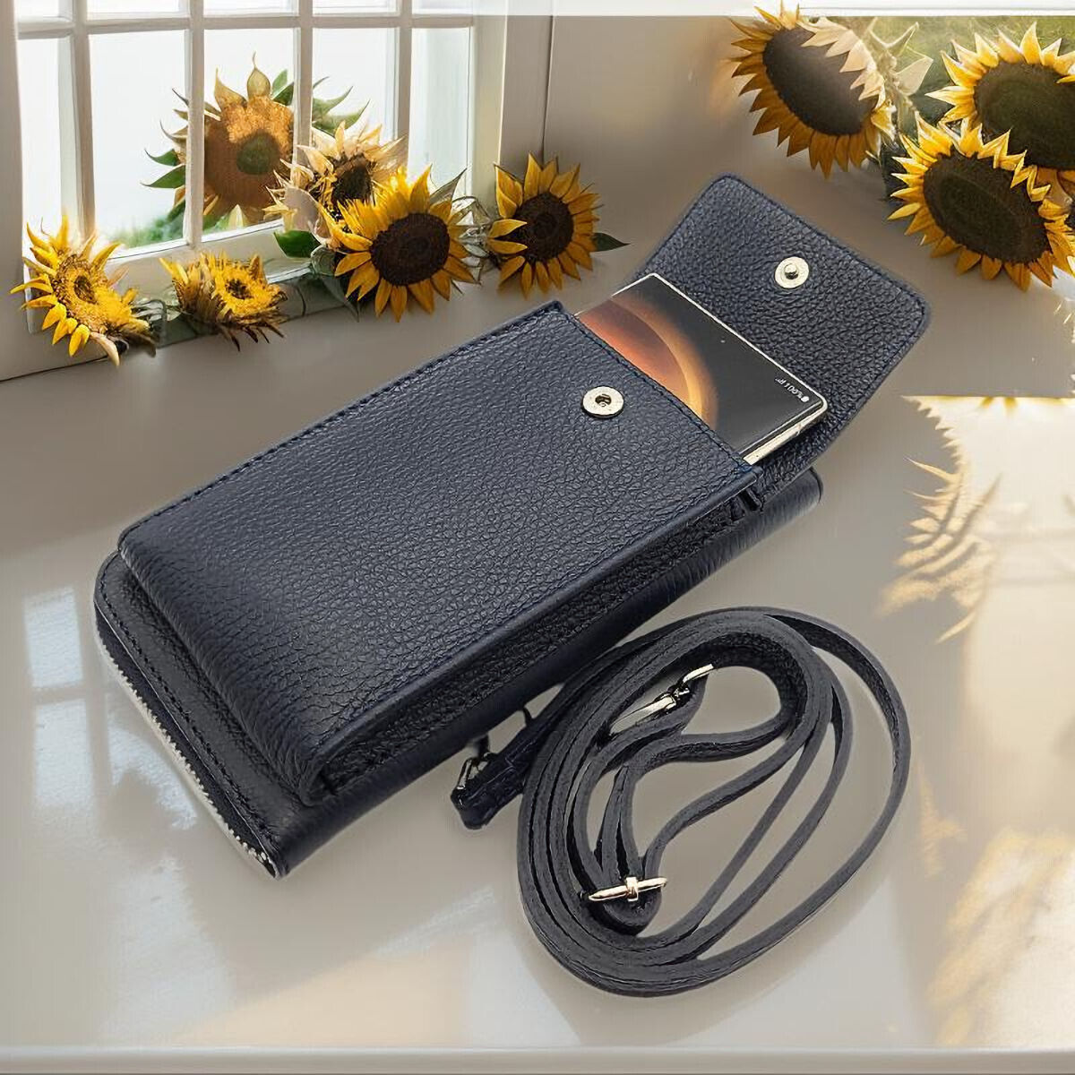 echt Leder Handybörse Smartphonetasche Geldbörse Umhängetasche made in Italy navy blau