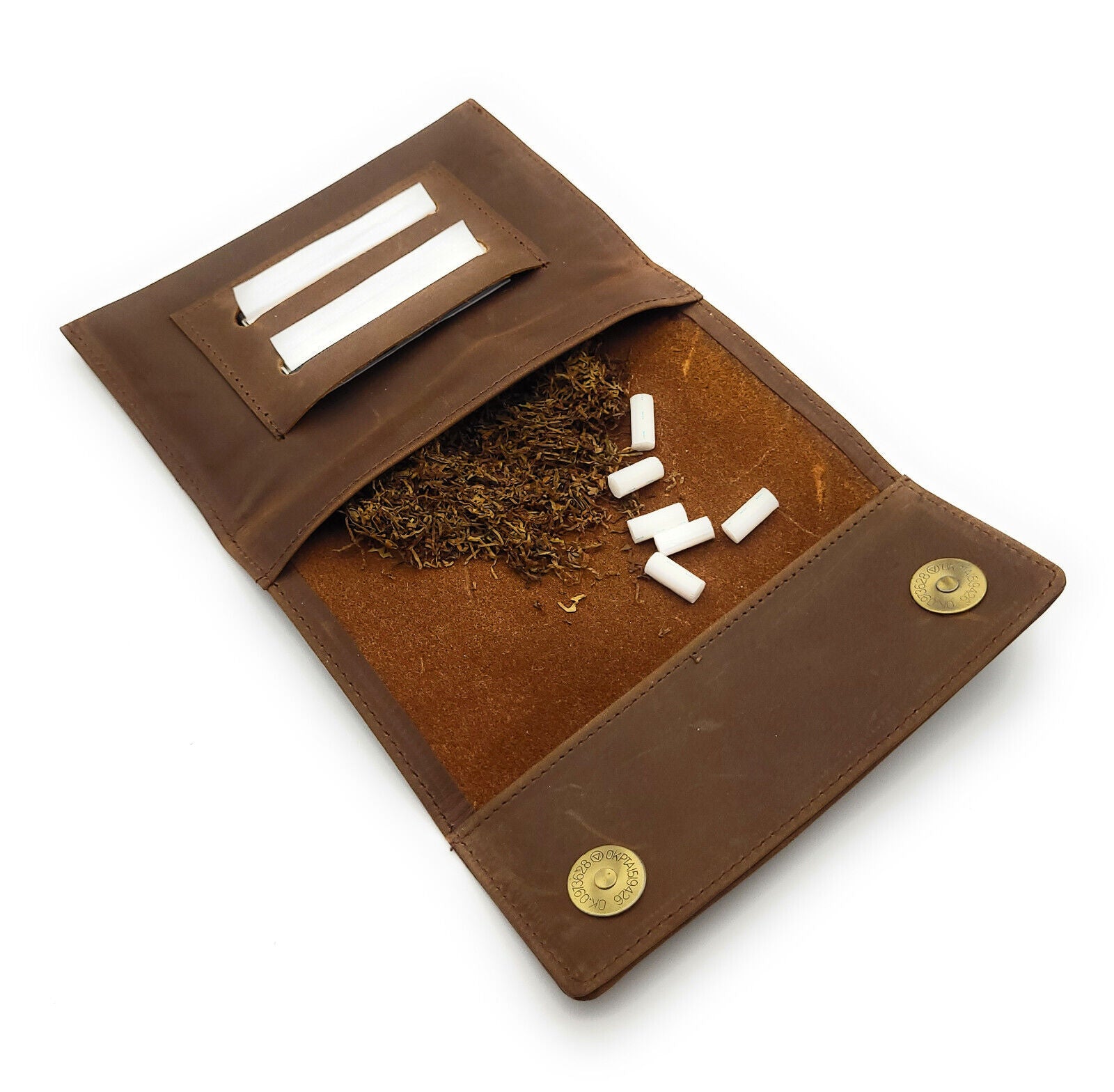 echt Leder Tabakbeutel Tabaktasche Tabak Etui Beutel mit Blättchen Fach braun