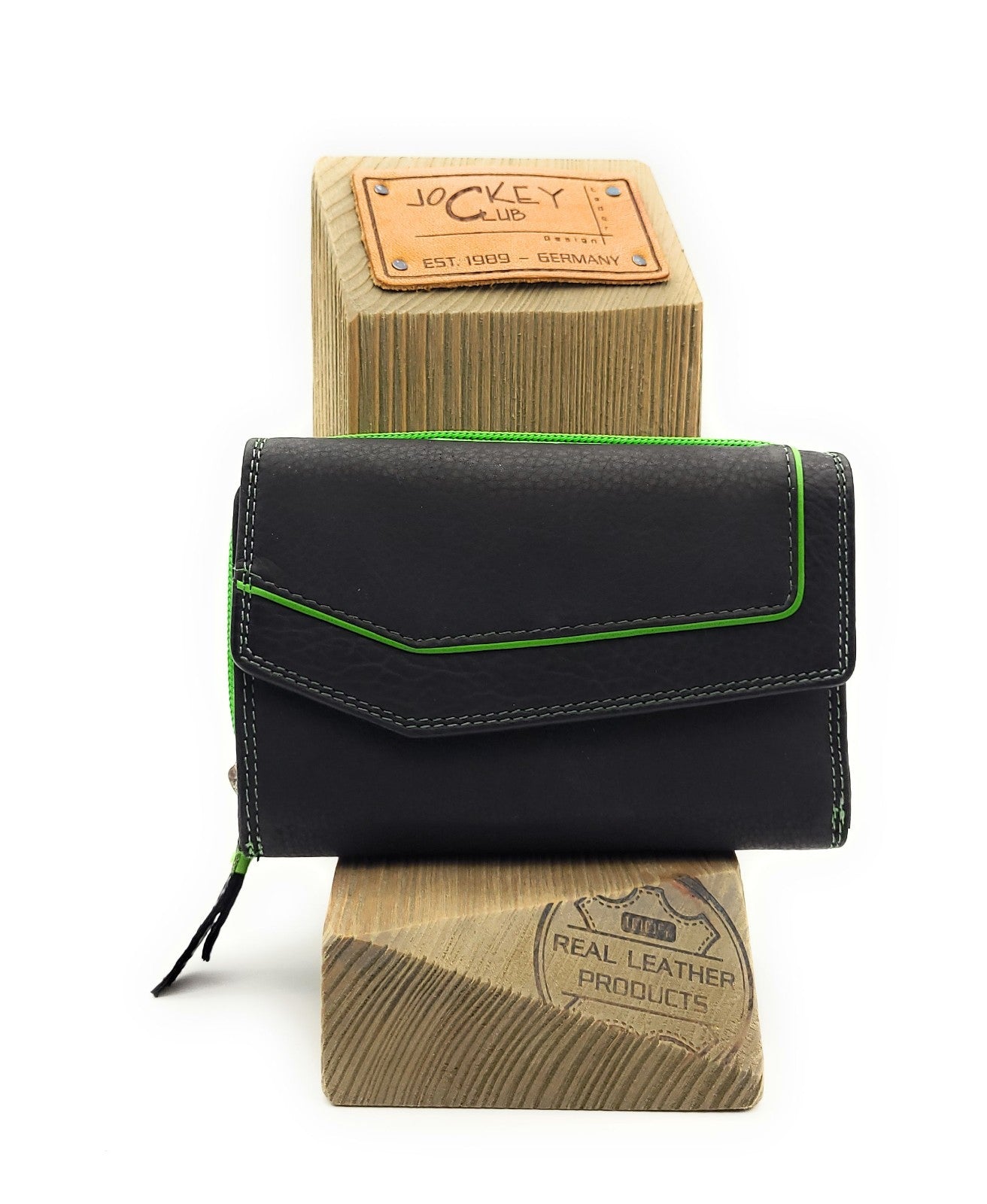 Jockey Club Geldbörse aus echtem Rindleder im Triangel-Design mit Druckknopf-Überschlag, RFID-Schutz, 9 Kartenfächern, Sichtfächern, Münzfach & Doppelnaht schwarz grün