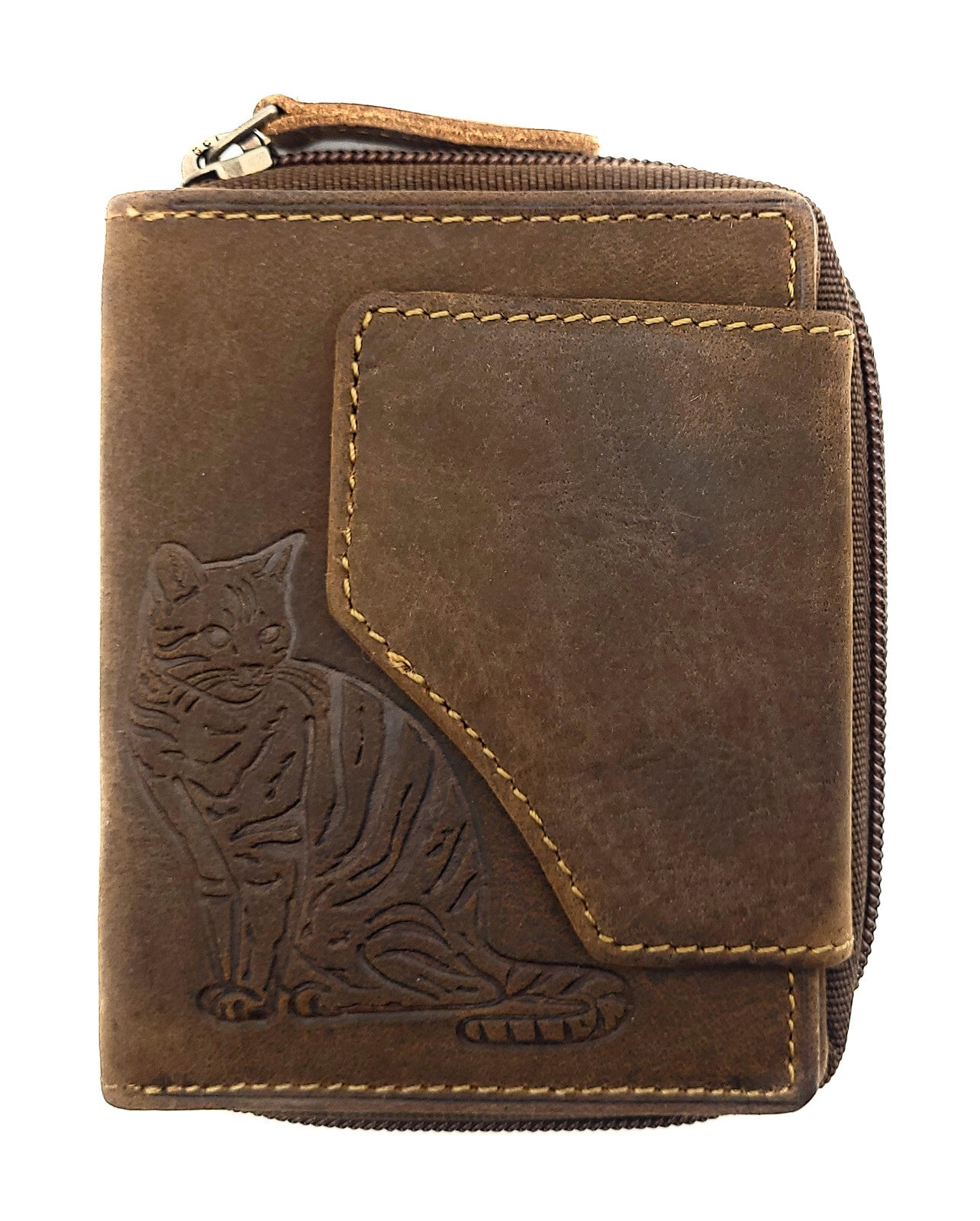 Jockey Club Geldbörse aus Hunterleder mit Katzenprägung – RFID Schutz, kompaktes Portemonnaie mit Reißverschluss-Münzfach & Außenriegel