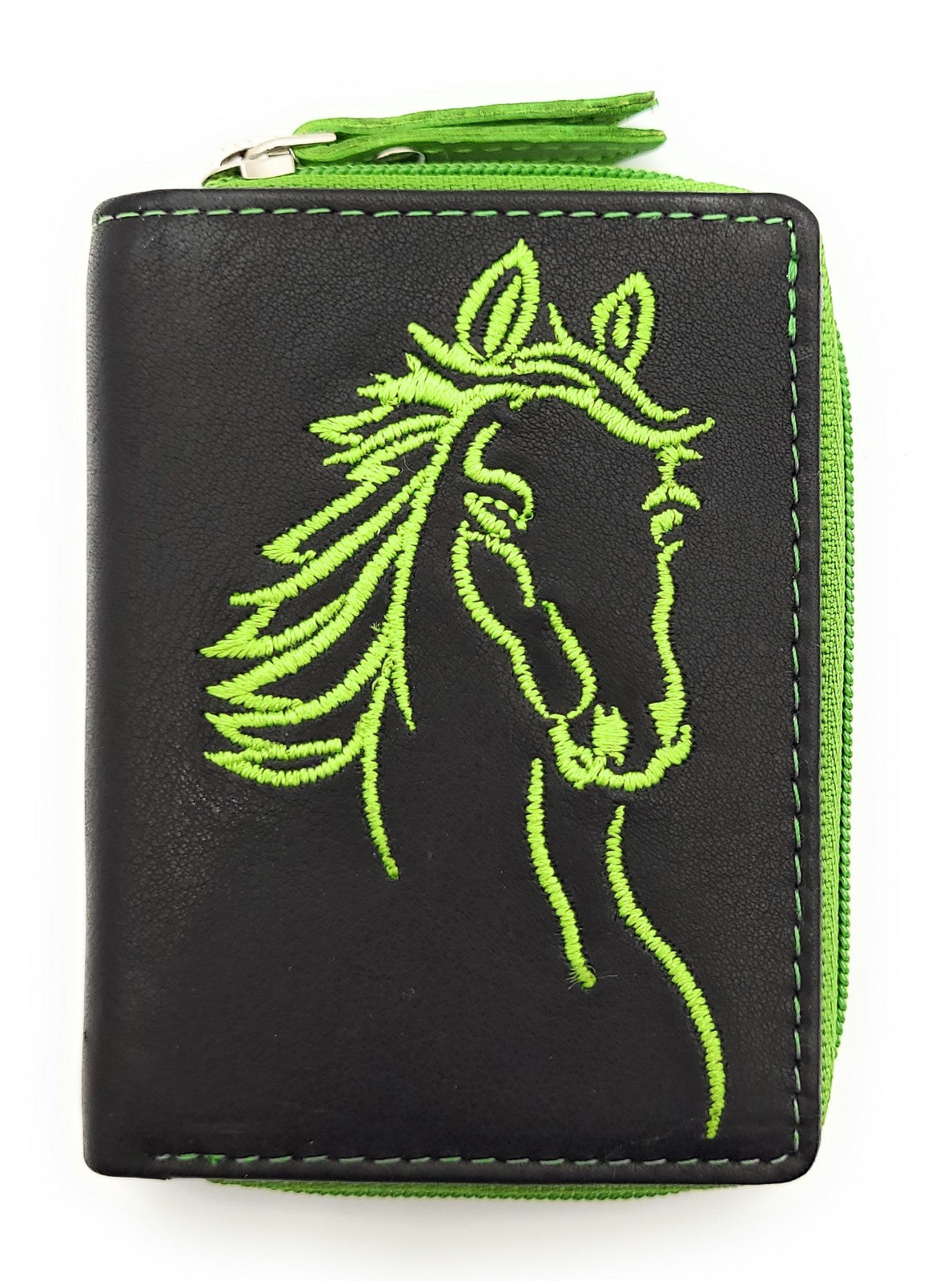 Jockey Club Damen Mini Geldbörse Pferd RFID Schutz - Echt Leder Klein Schwarz Grün