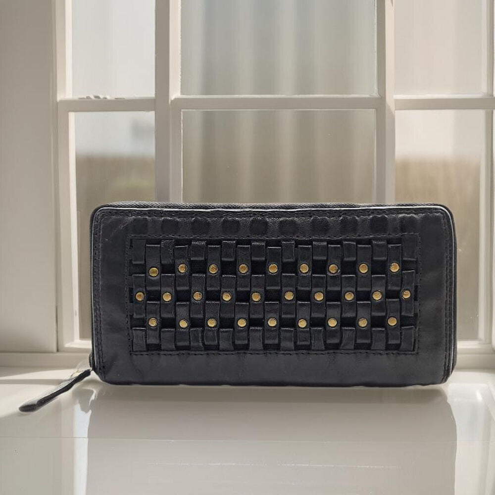 Hill Burry echt Leder Damen Geldbörse Portemonnaie Waschleder mit Nieten schwarz